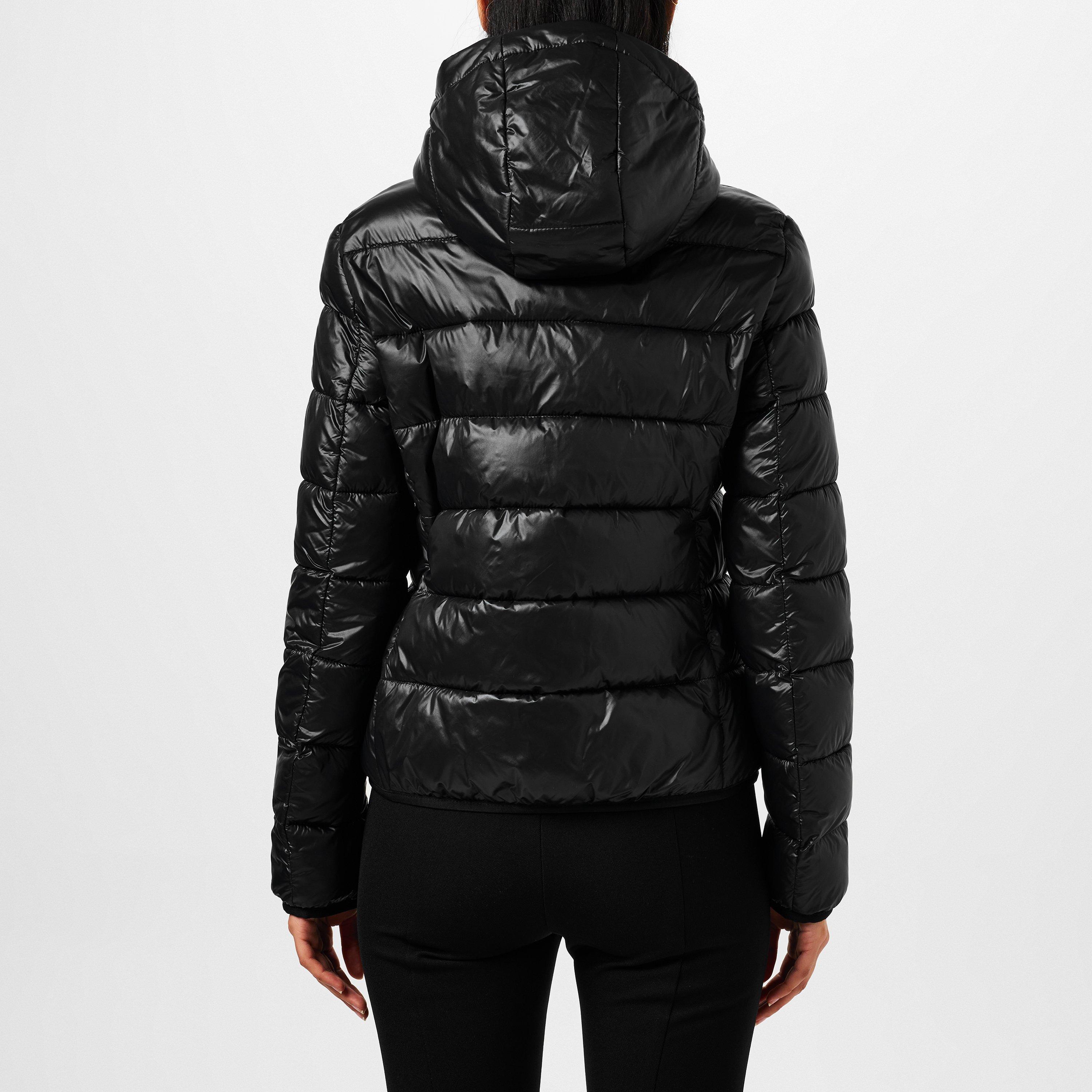 Black 001 - Hugo - Women's Famara Red Down Long Sleeve Hooded Short Puffer Jacket - 3