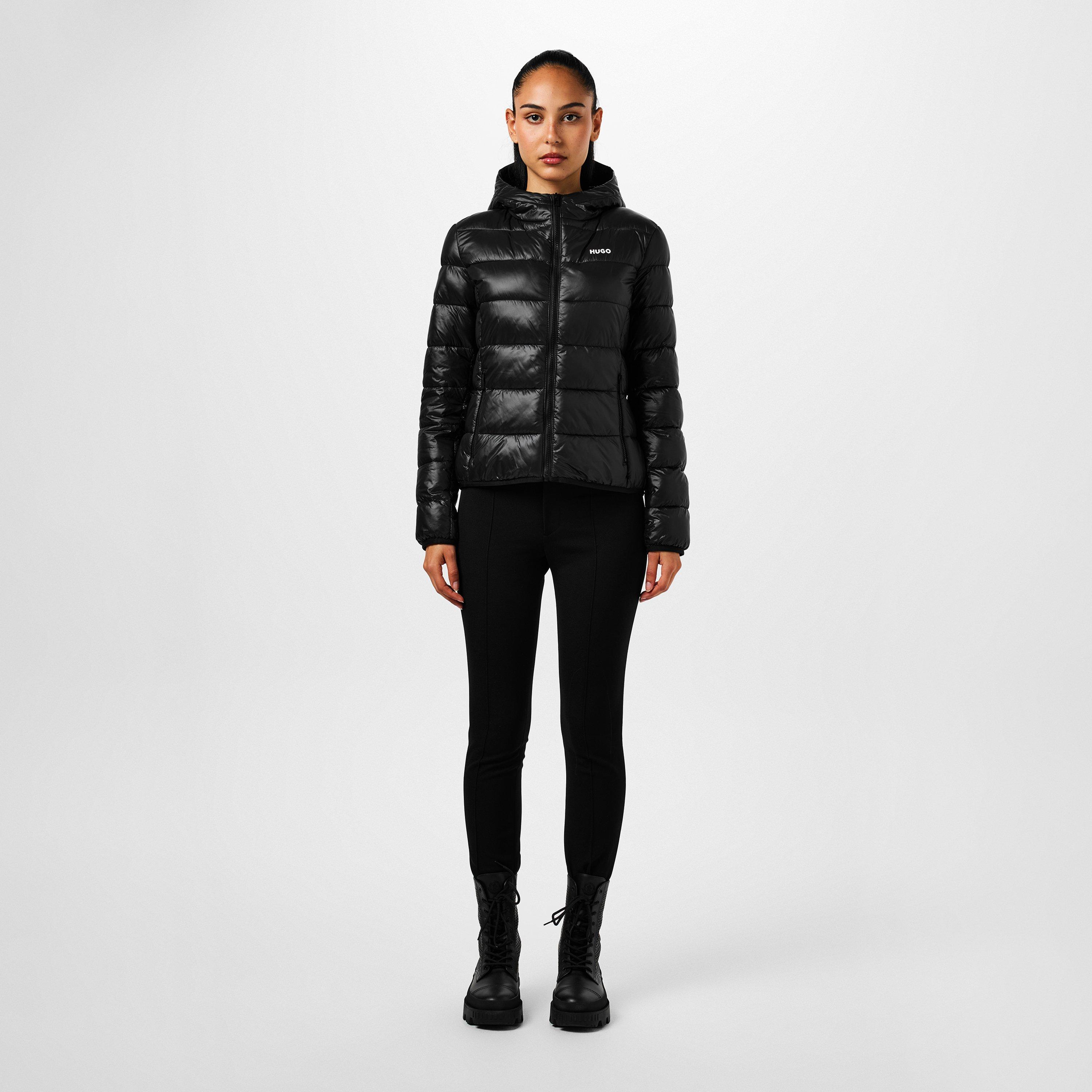 Black 001 - Hugo - Women's Famara Red Down Long Sleeve Hooded Short Puffer Jacket - 5