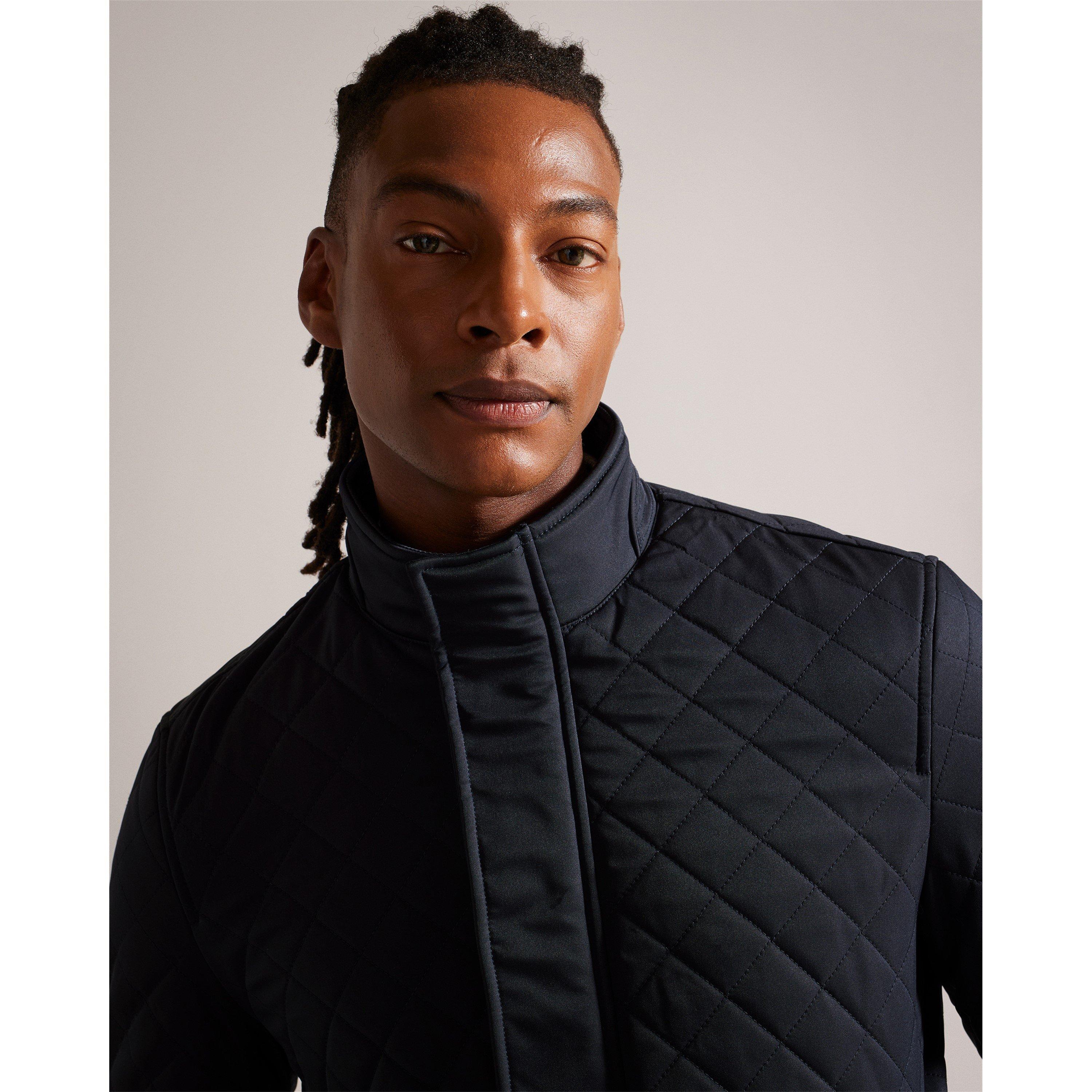 Navy - Ted Baker - Men's Finnich Diamond Funnel Neck Long Sleeve Quilted Jacket - 4