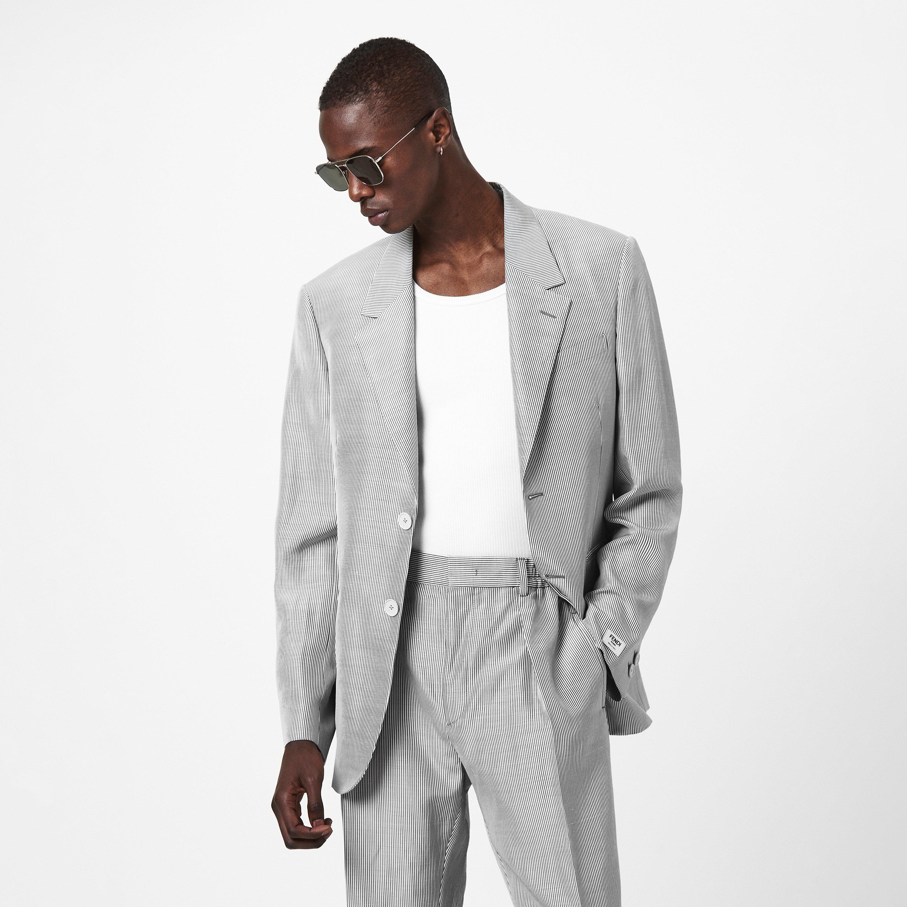 Grey - Fendi - Men's Stripe Pinstripe Viscose Long Sleeve Blazer - 3