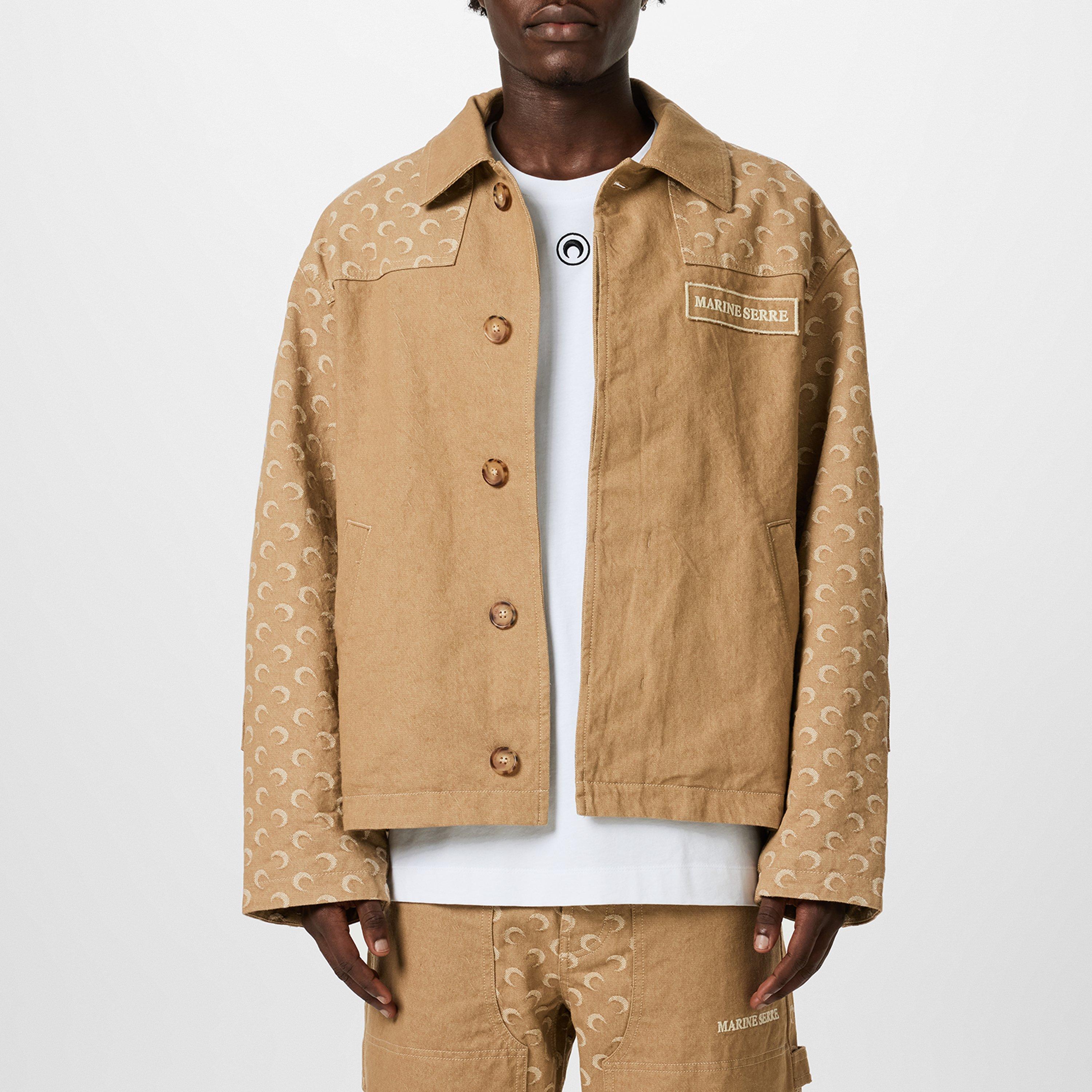 Beige - Marine Serre - Men's Moon Jacquard Twill Workwear Cotton Long Sleeve Denim Jacket - 3