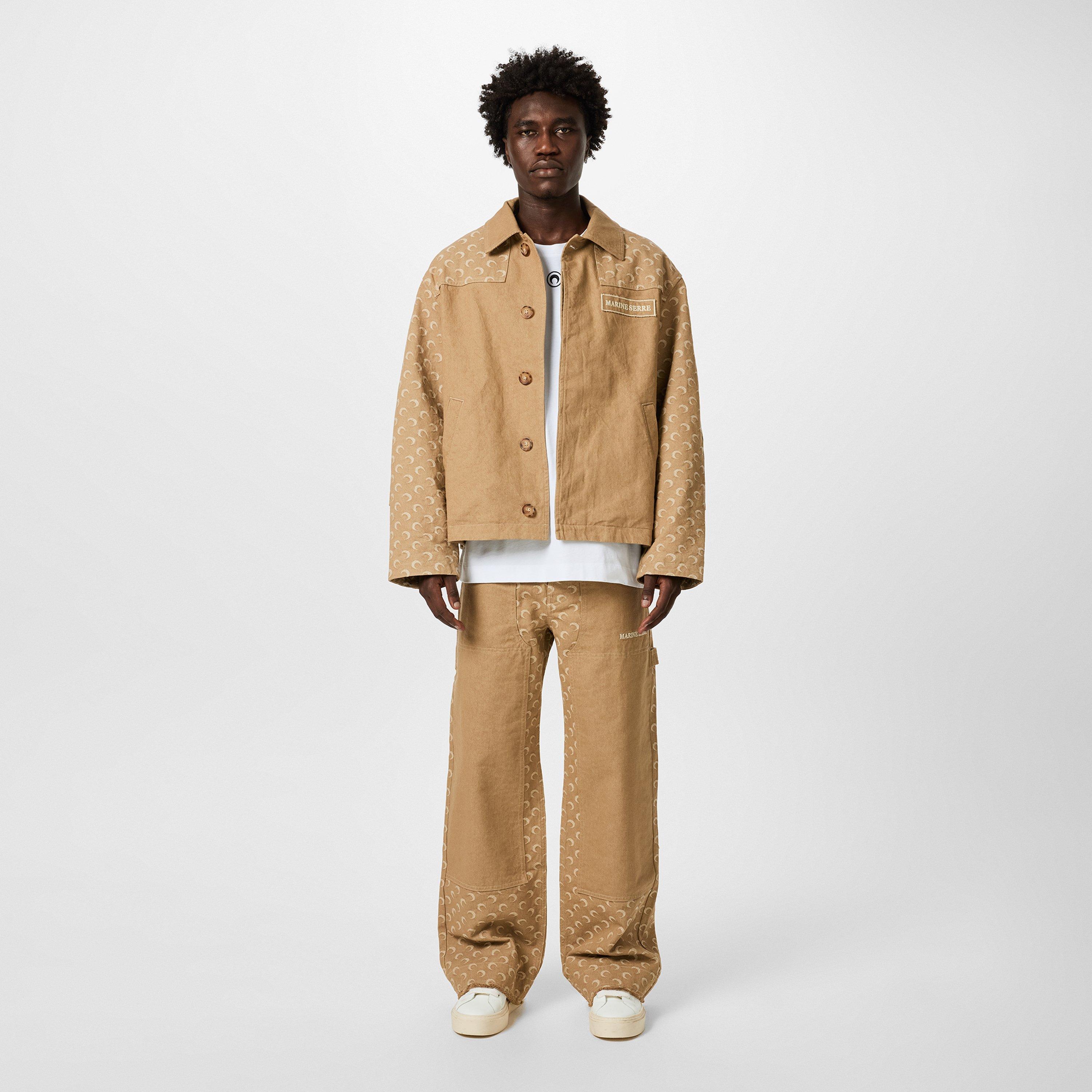 Beige - Marine Serre - Men's Moon Jacquard Twill Workwear Cotton Long Sleeve Denim Jacket - 6