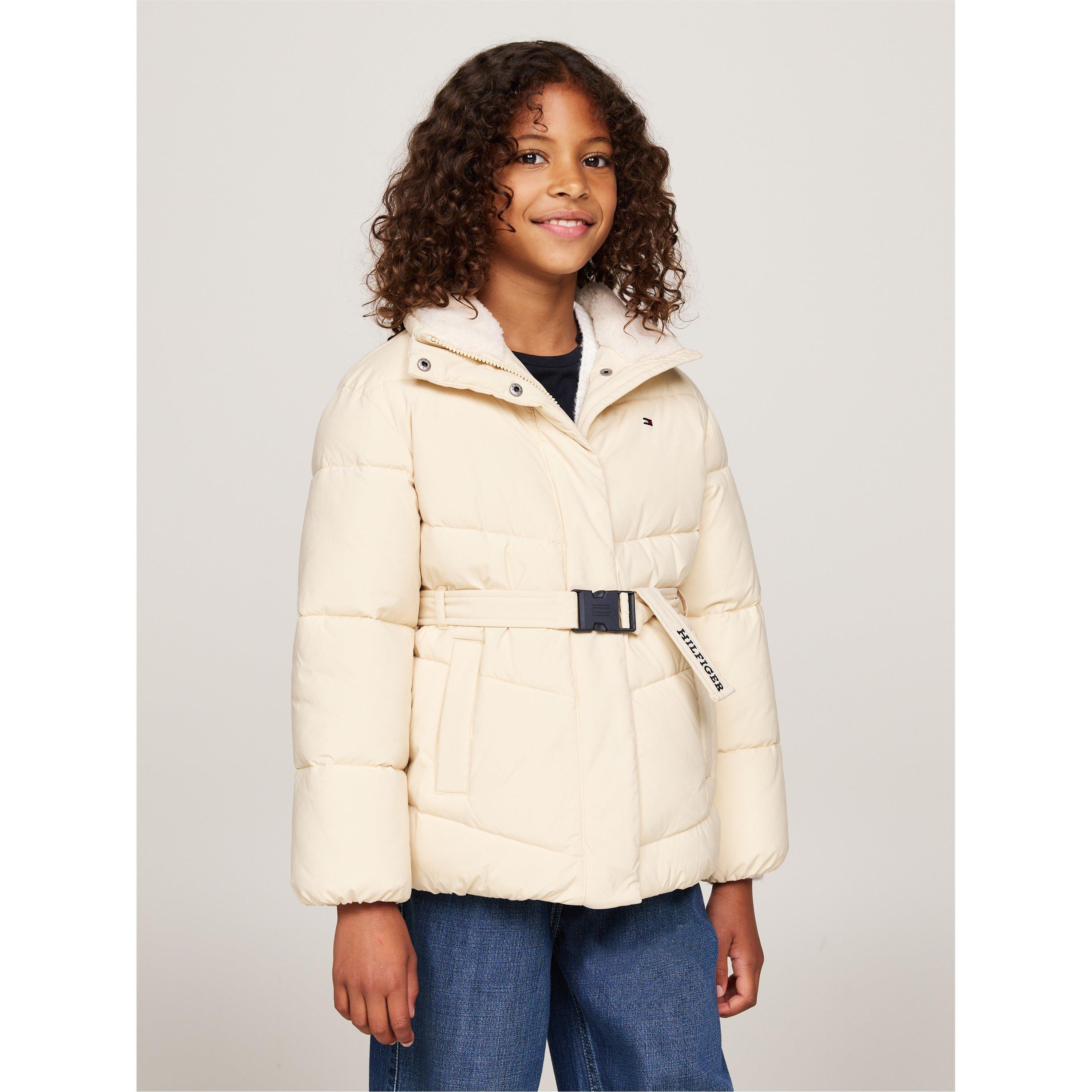 Ivory AEX - Tommy Hilfiger - Kids' Teddy Collar Belted Wind Resistant Long Sleeve Oversized Fit Short Puffer Jacket - 1