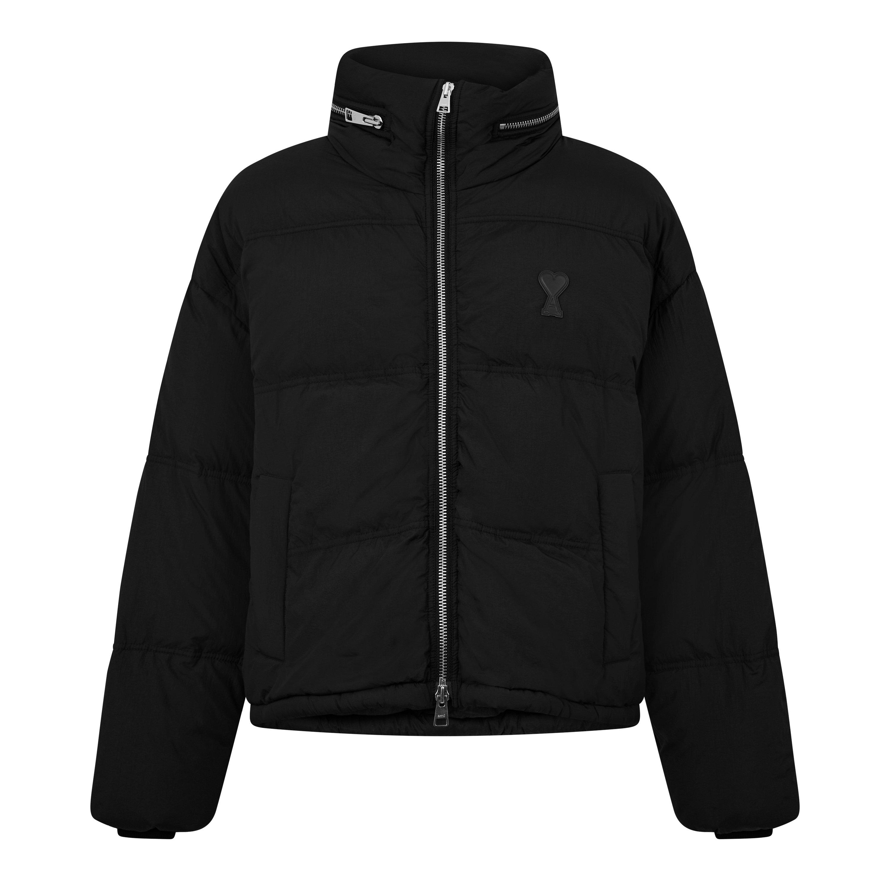 BLACK/001 - Ami Paris - Men's Ami de Coeur Water Resistant Concealed Hood Short Puffer Jacket - 1