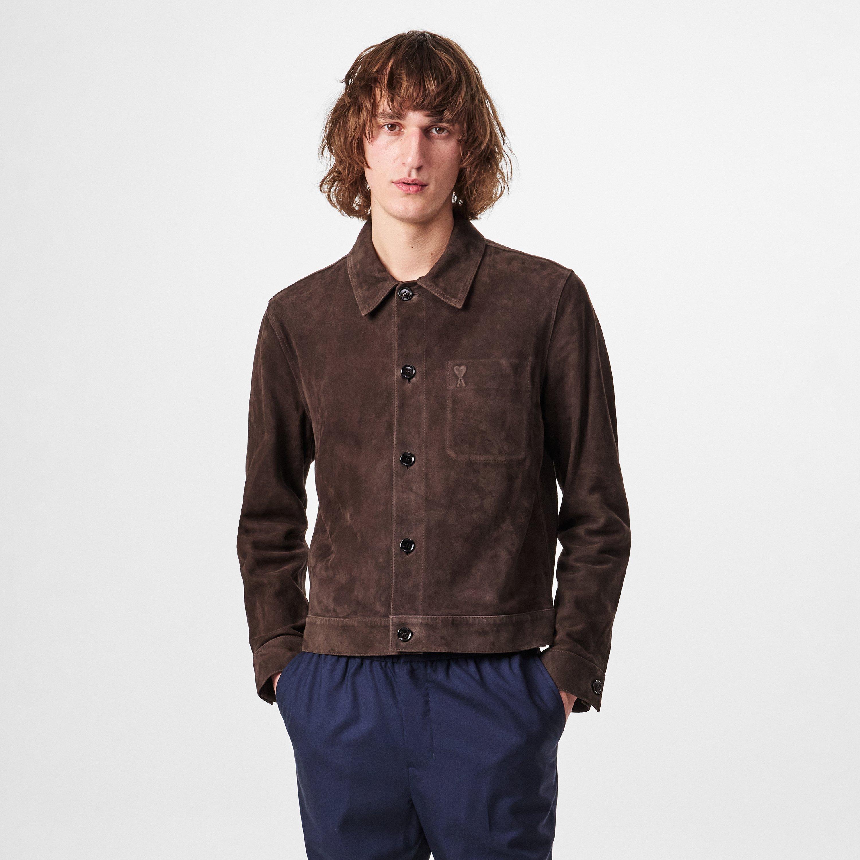 DARK COFFEE/221 - Ami Paris - Men's Goat Suede Long Sleeve Overshirt Leather Jacket - 3