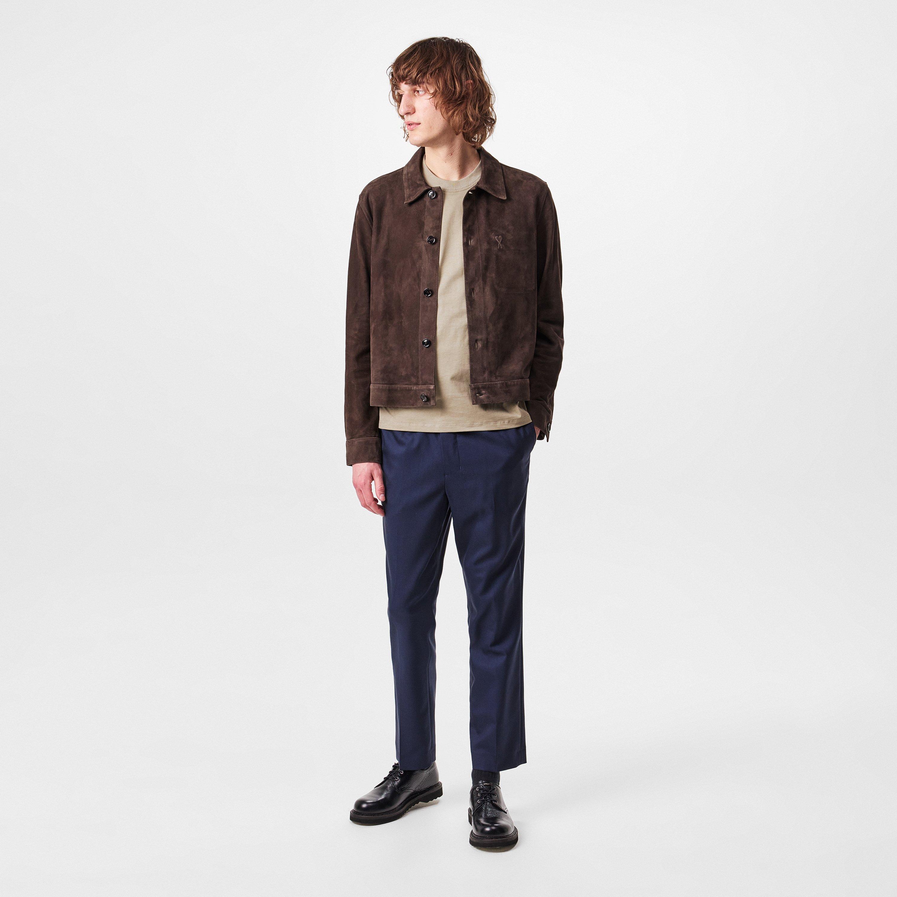 DARK COFFEE/221 - Ami Paris - Men's Goat Suede Long Sleeve Overshirt Leather Jacket - 6