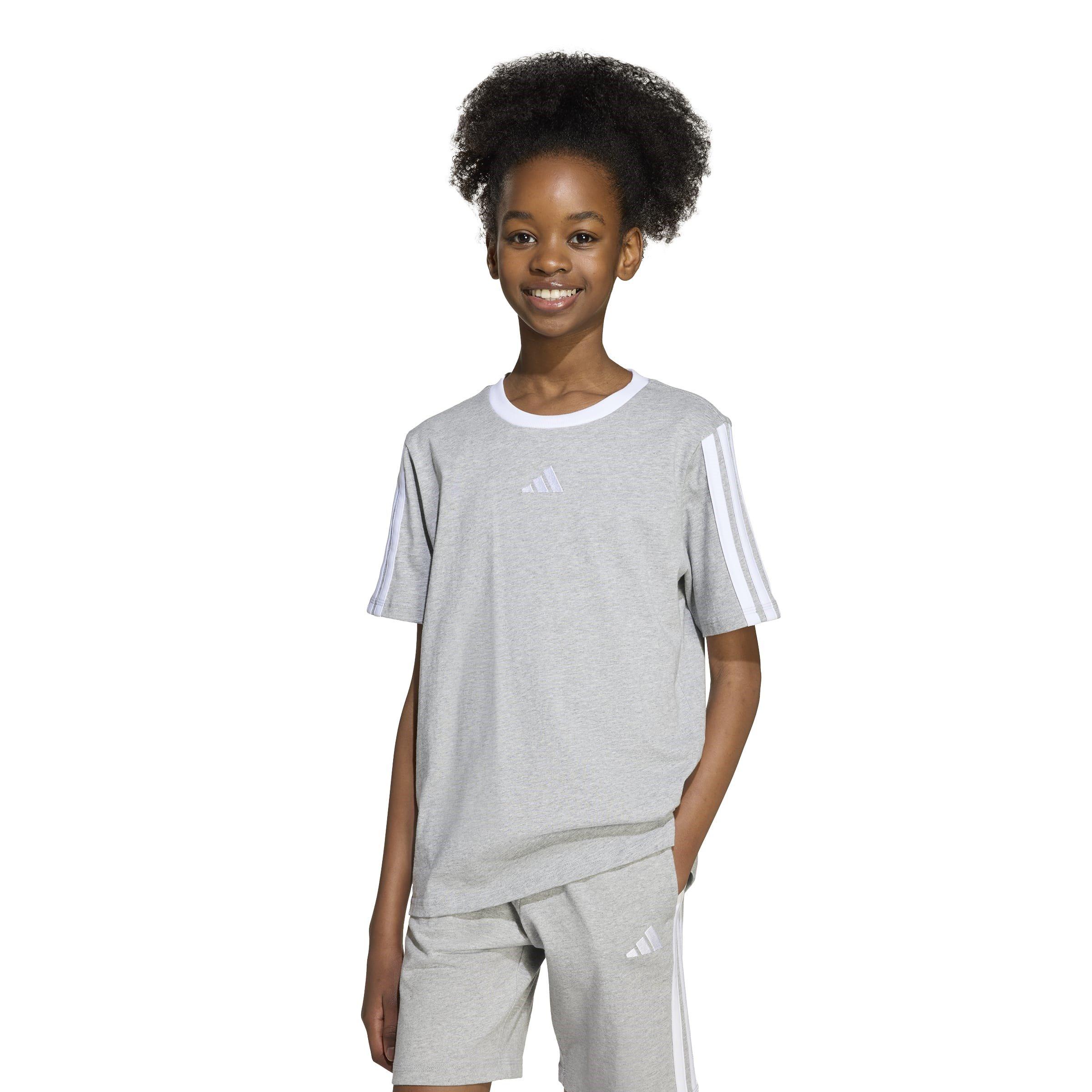 Grey/White - adidas - Essentials 3 Stripe T-Shirt Junior Girls - 3