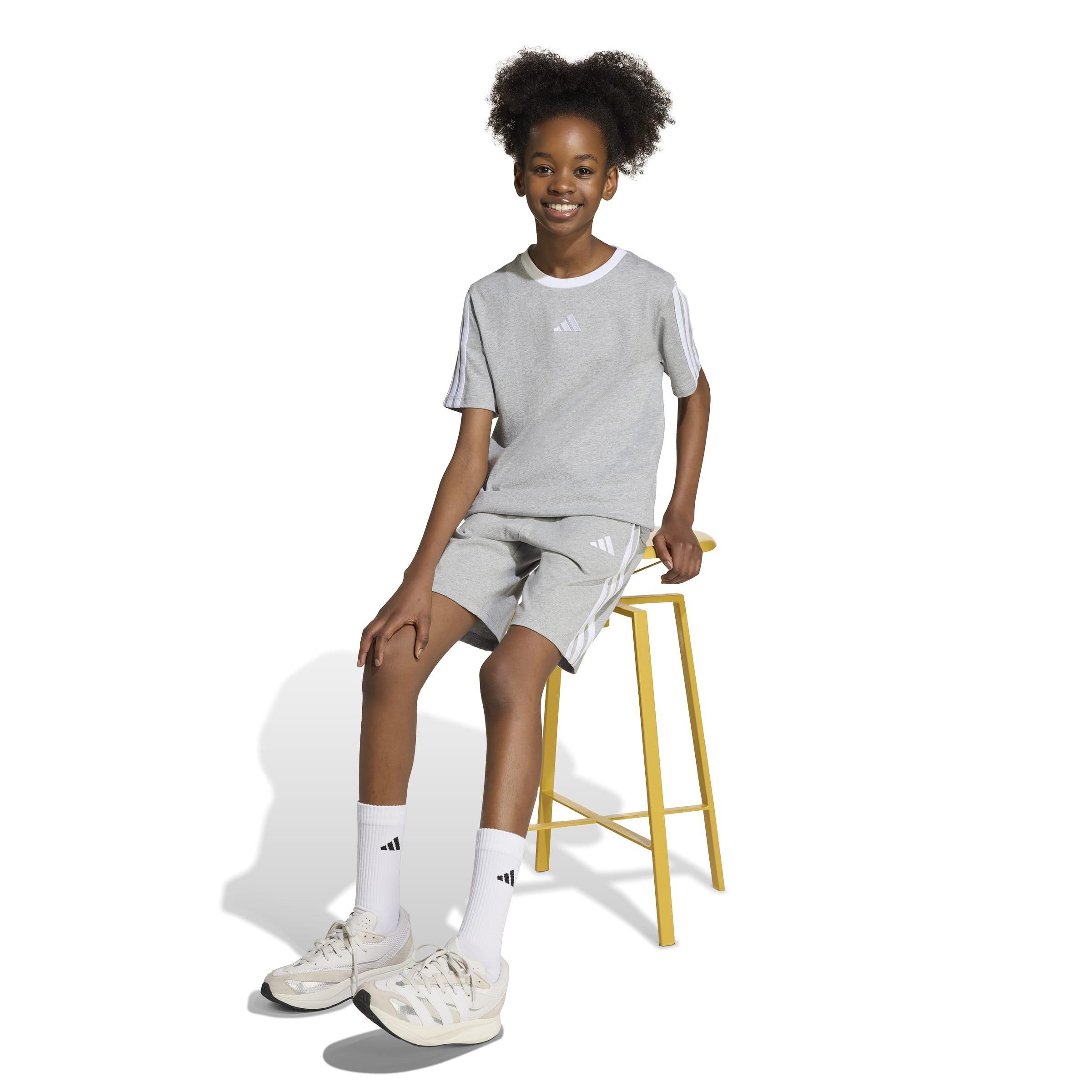 Grey/White - adidas - Essentials 3 Stripe T-Shirt Junior Girls - 5