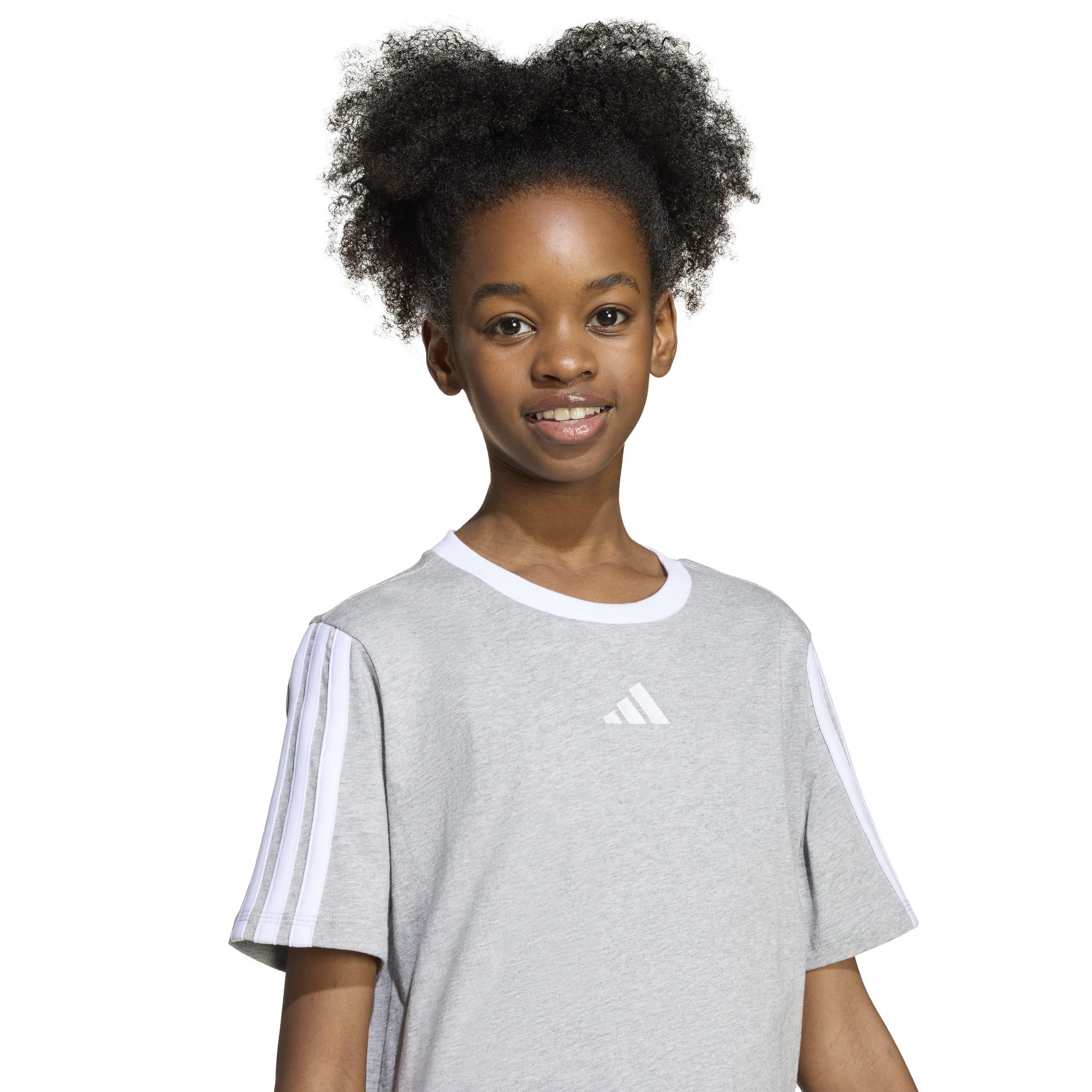 Grey/White - adidas - Essentials 3 Stripe T-Shirt Junior Girls - 6