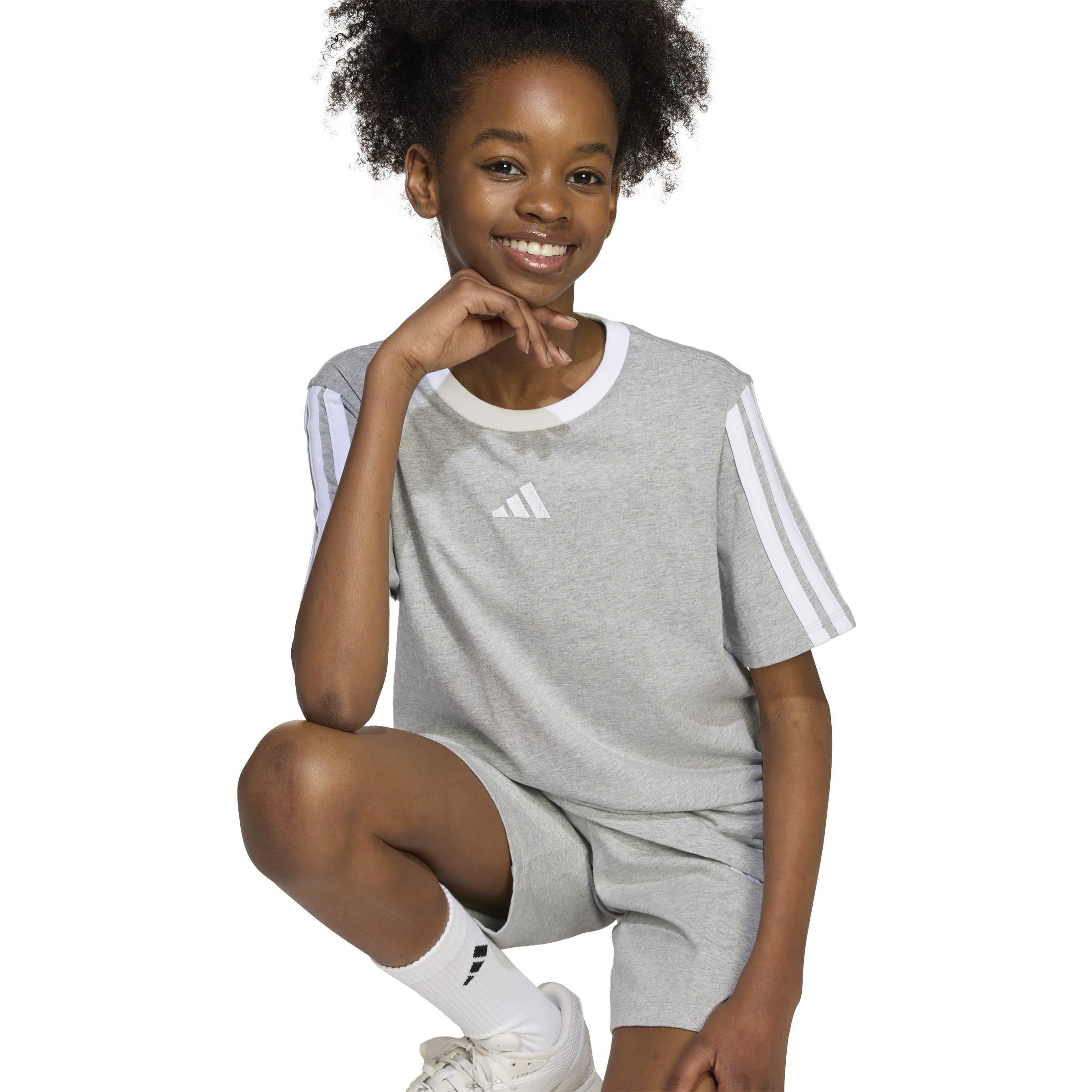 Grey/White - adidas - Essentials 3 Stripe T-Shirt Junior Girls - 7