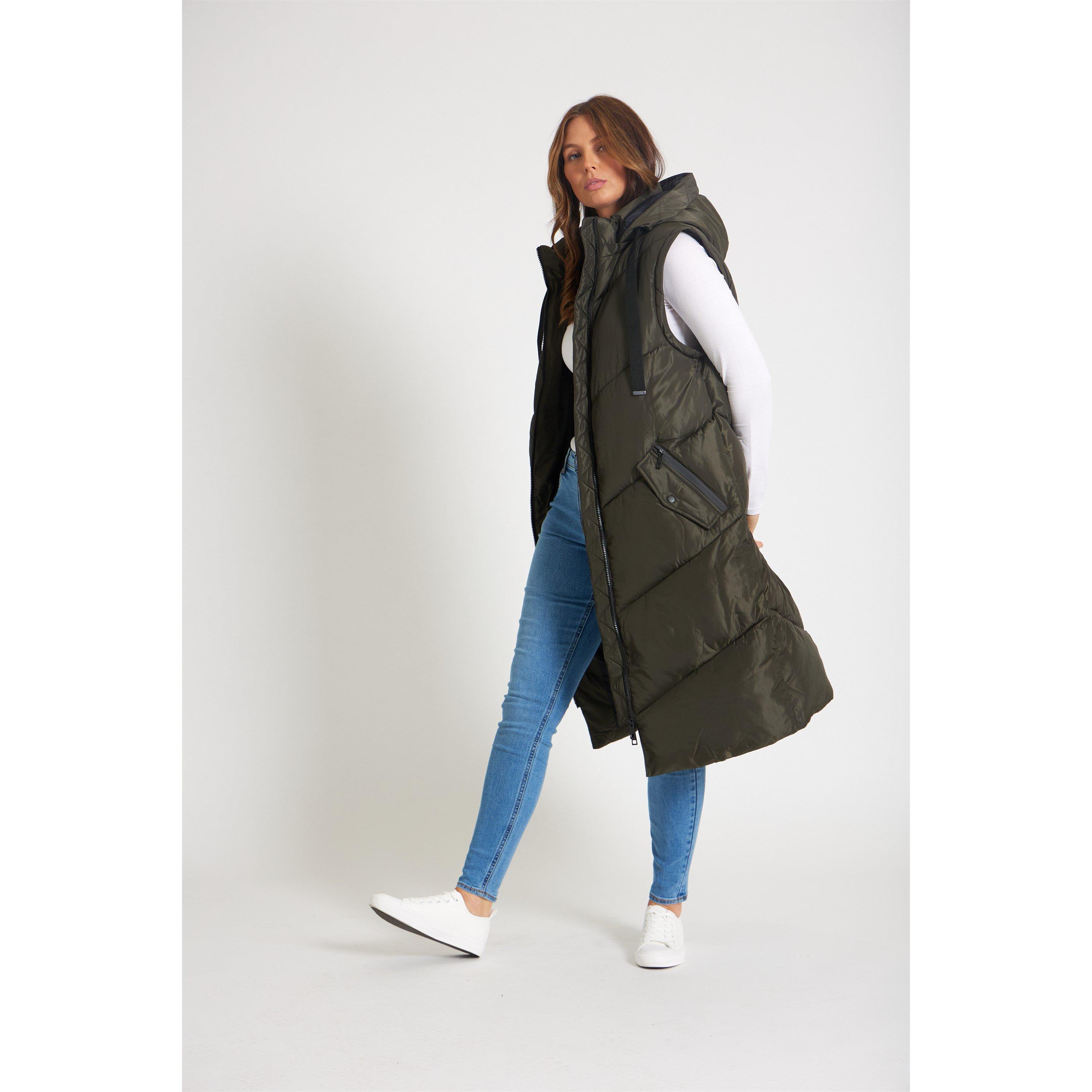 Khaki - Be You - Women's Multiway Padded Hooded Mid-Length Gilet - 7