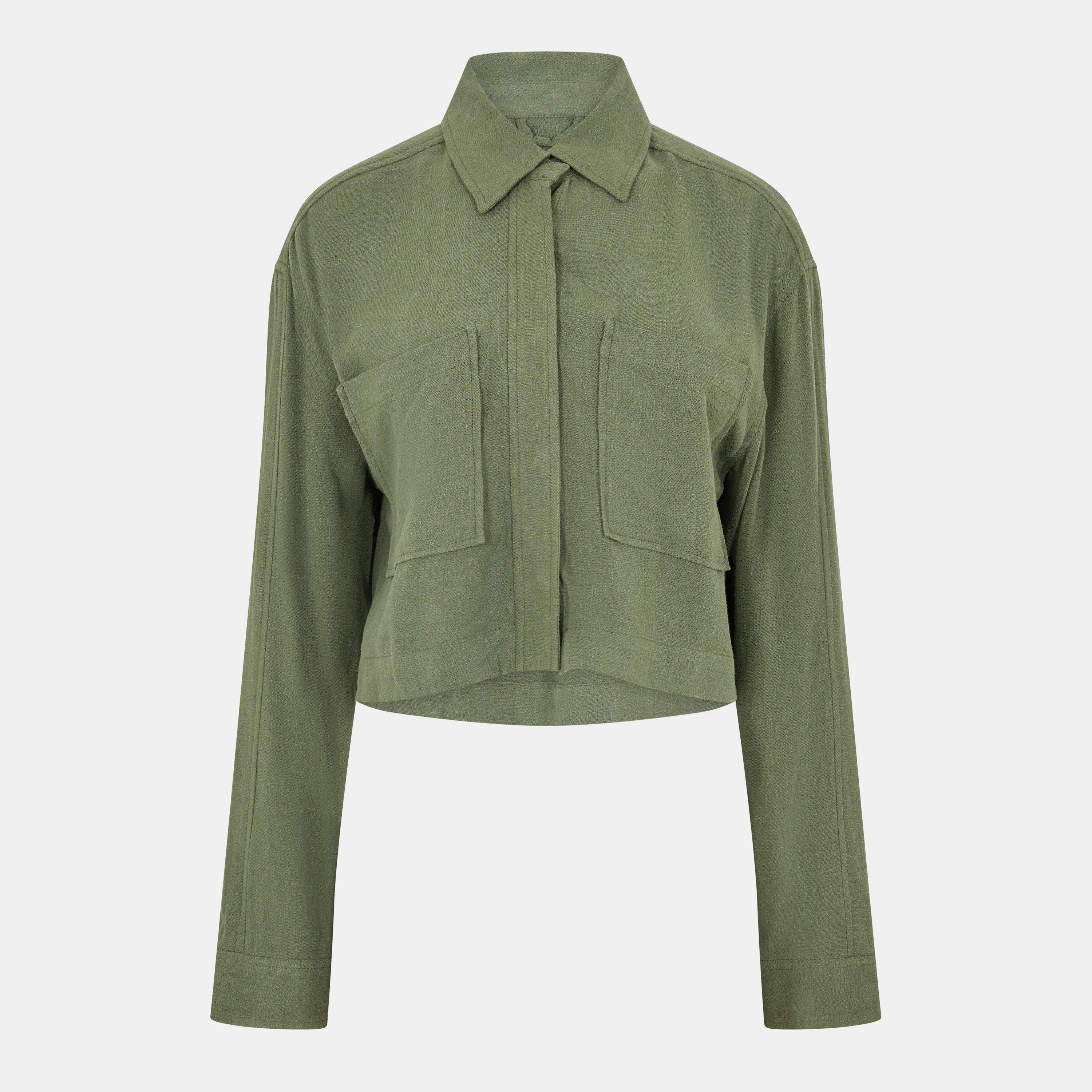 Khaki - Jack Wills - Women's Cropped Linen-Blend Long Sleeve Overshirt - 1