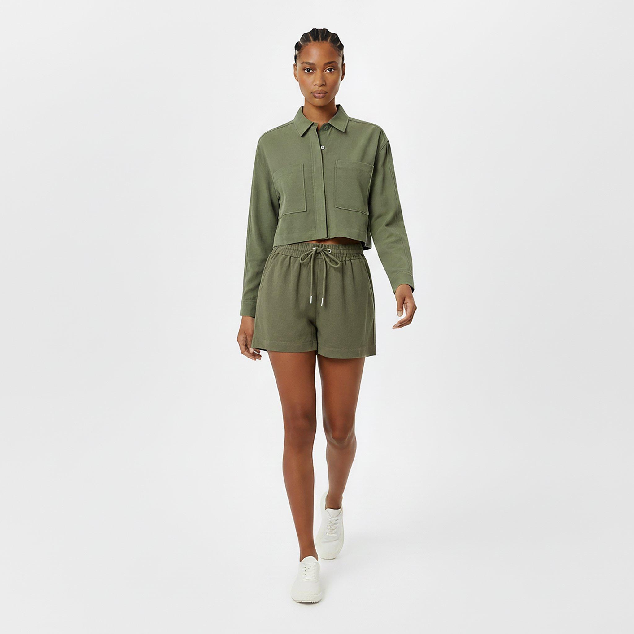 Khaki - Jack Wills - Women's Cropped Linen-Blend Long Sleeve Overshirt - 5