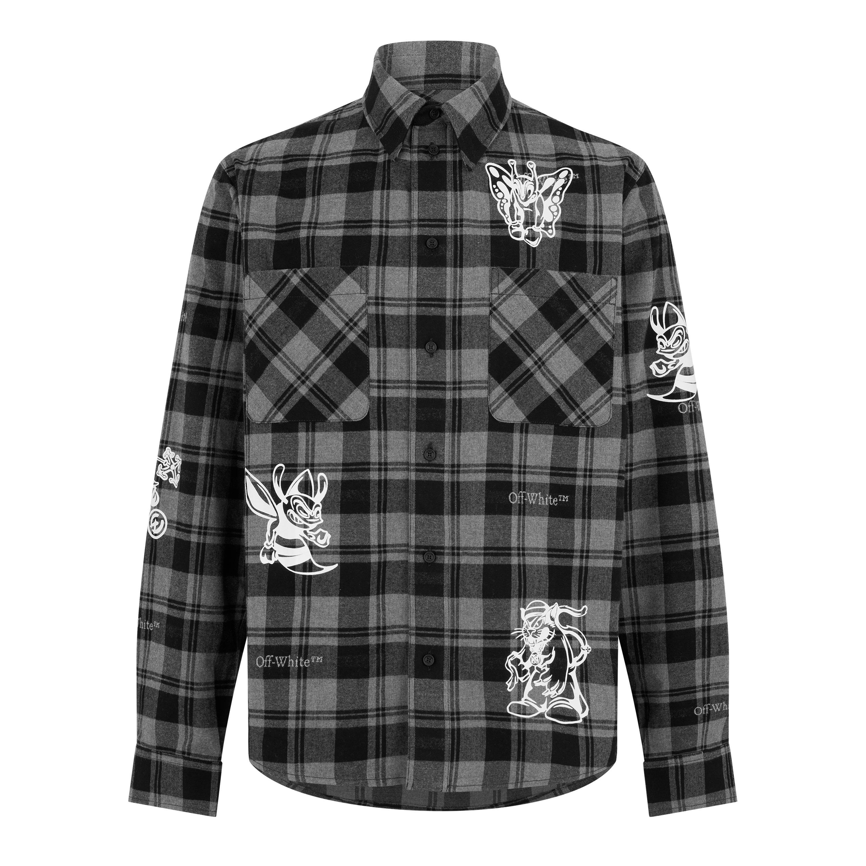 Black White - Off White - Men's Character Check Cotton Long Sleeve Flannel Overshirt - 1
