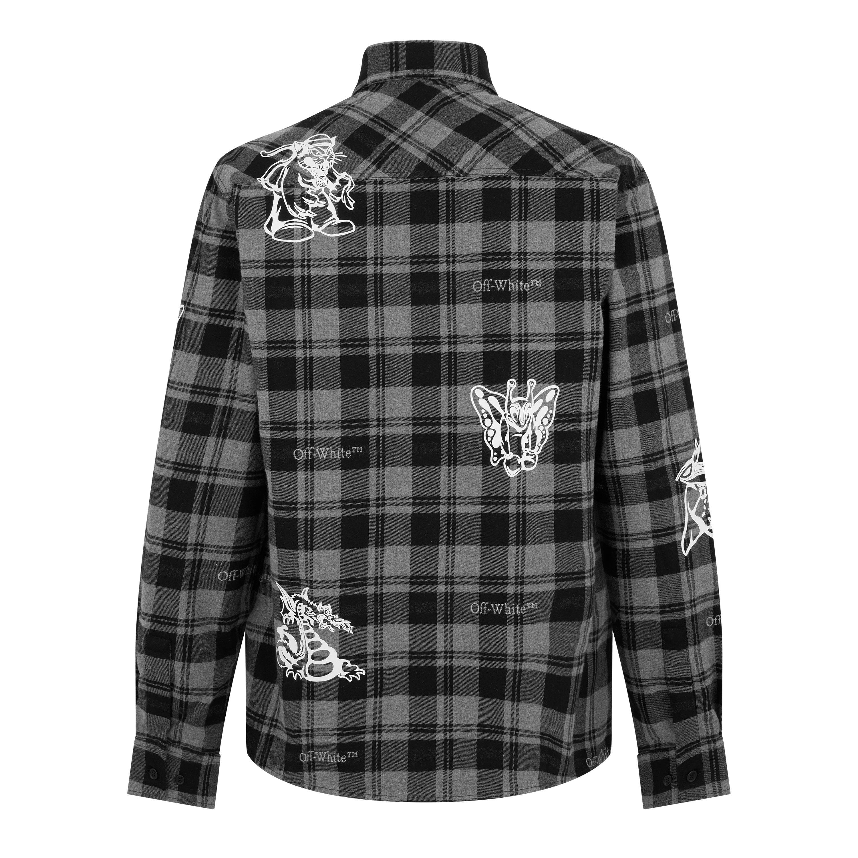 Black White - Off White - Men's Character Cheque Flannel Shirt with Contrasting Cartoon Prints - 2