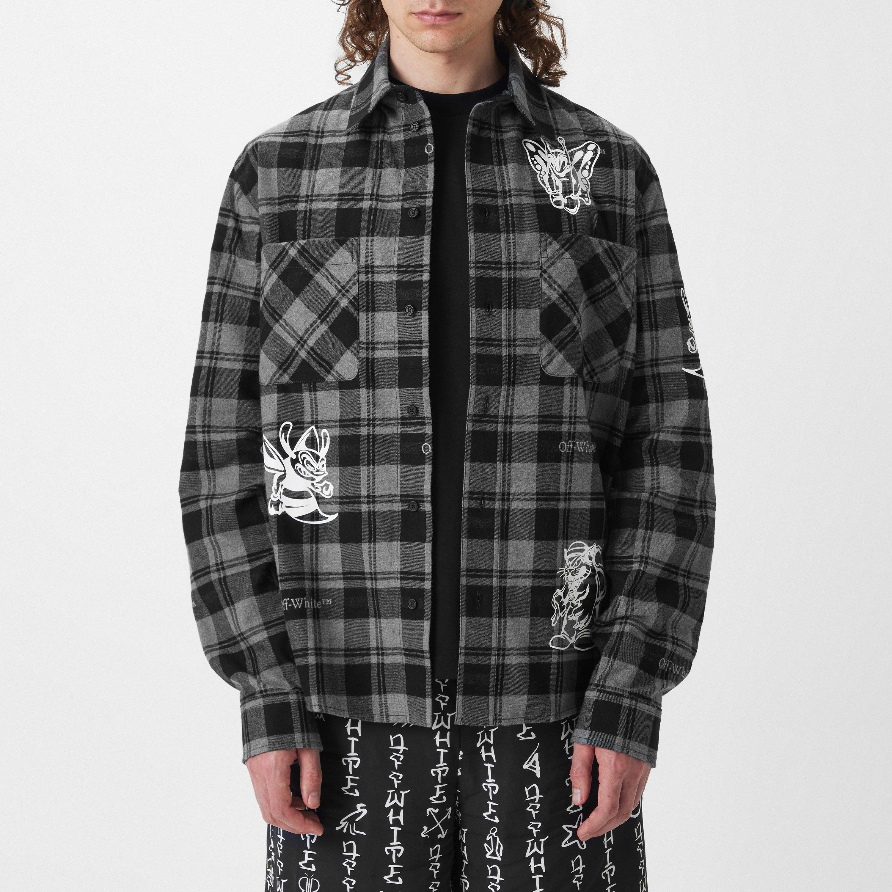 Black White - Off White - Men's Character Cheque Flannel Shirt with Contrasting Cartoon Prints - 3