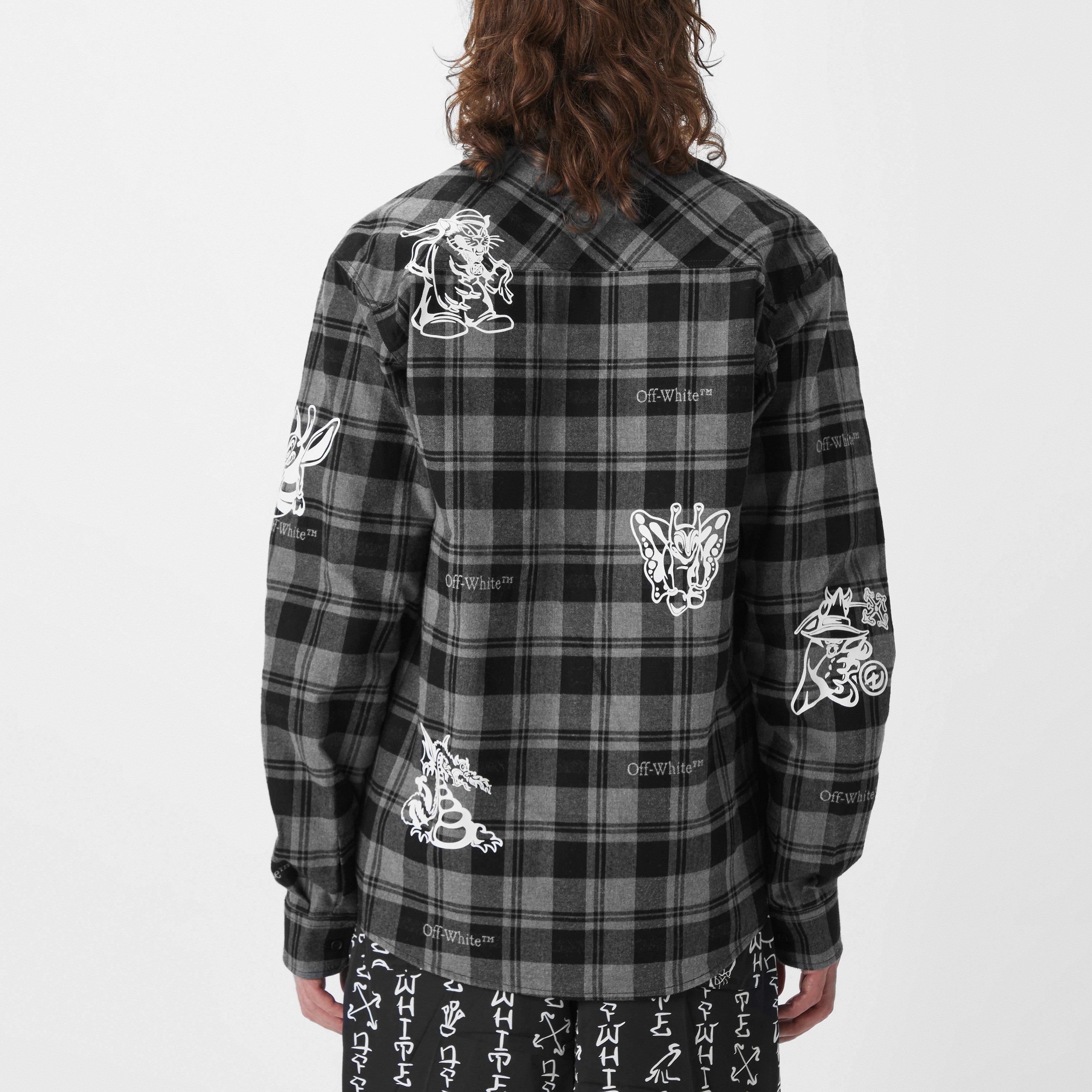 Black White - Off White - Men's Character Cheque Flannel Shirt with Contrasting Cartoon Prints - 4