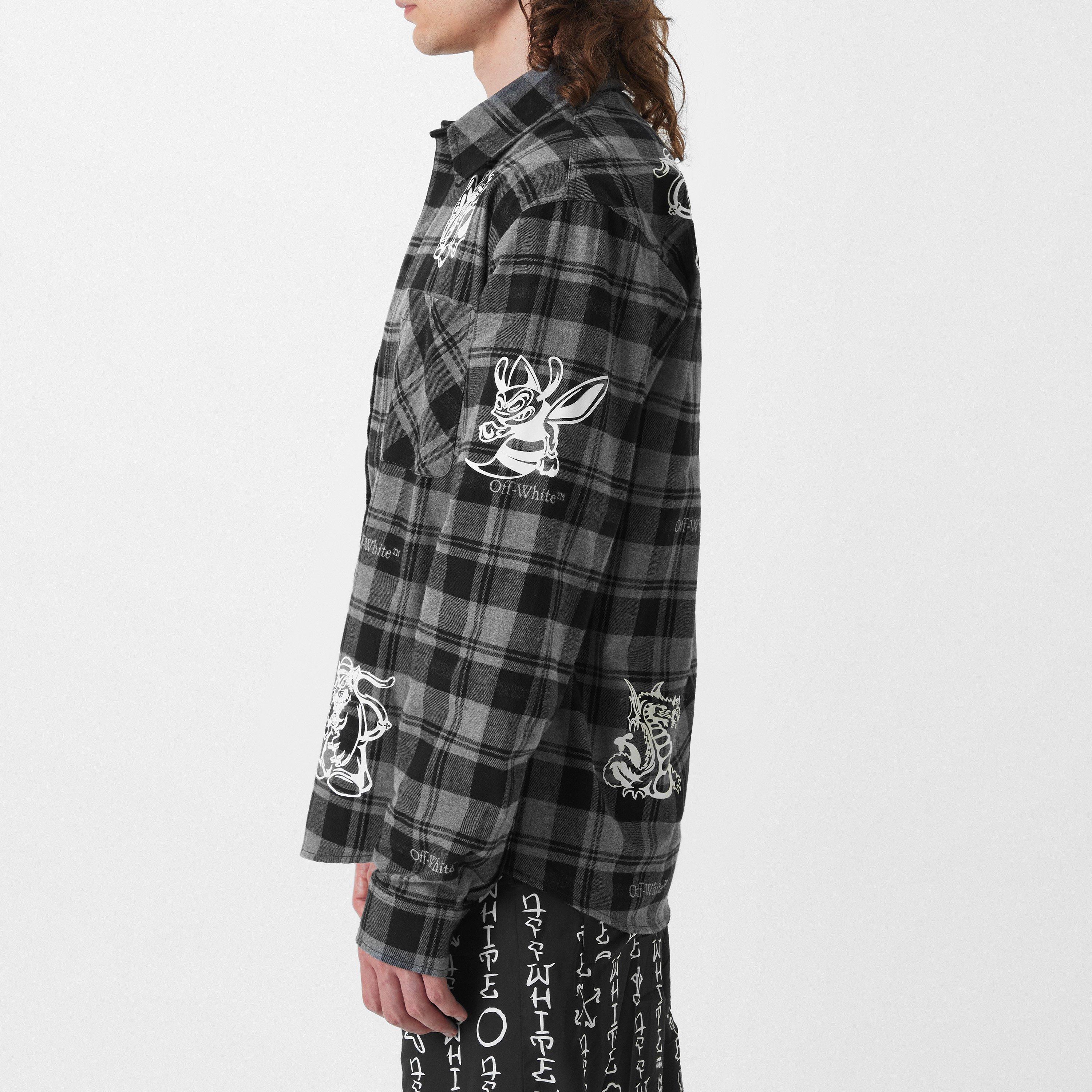 Black White - Off White - Men's Character Cheque Flannel Shirt with Contrasting Cartoon Prints - 5