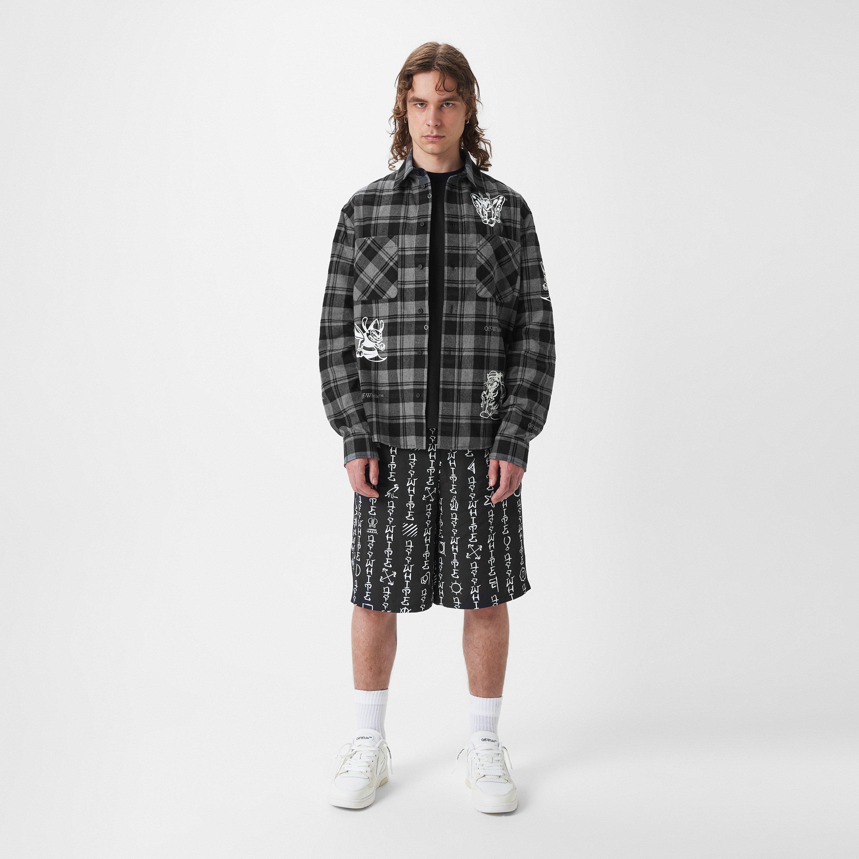 Black White - Off White - Men's Character Cheque Flannel Shirt with Contrasting Cartoon Prints - 6