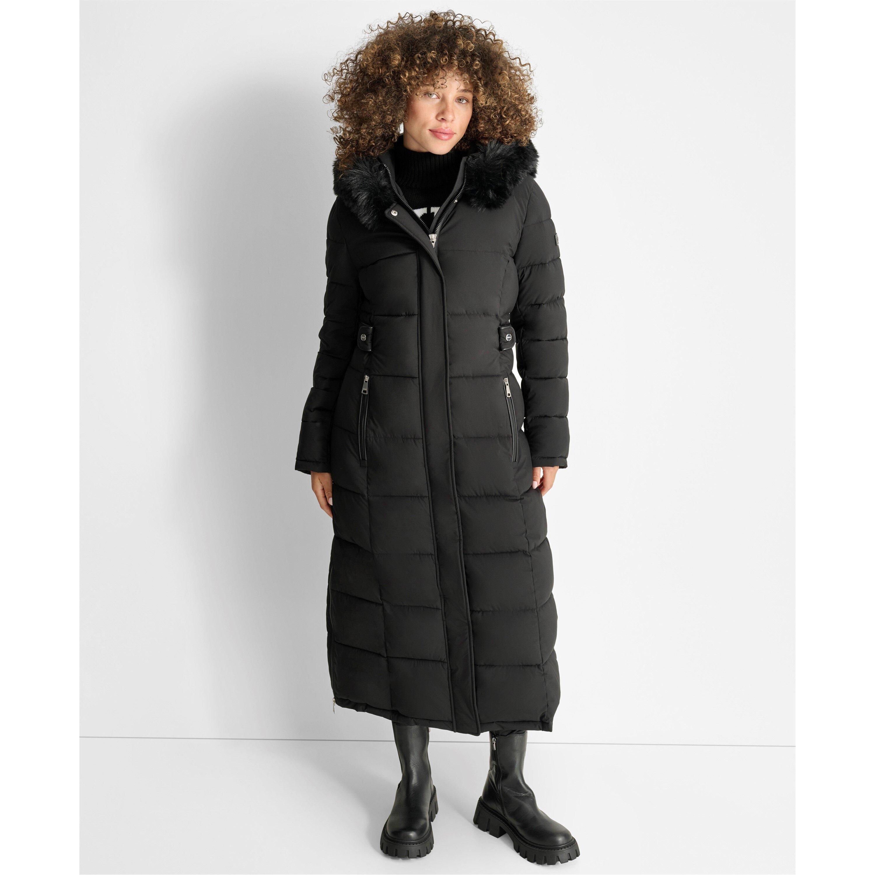 Black - DKNY - Women's Outerwear Fur Hood Long Puffer Jacket - 2