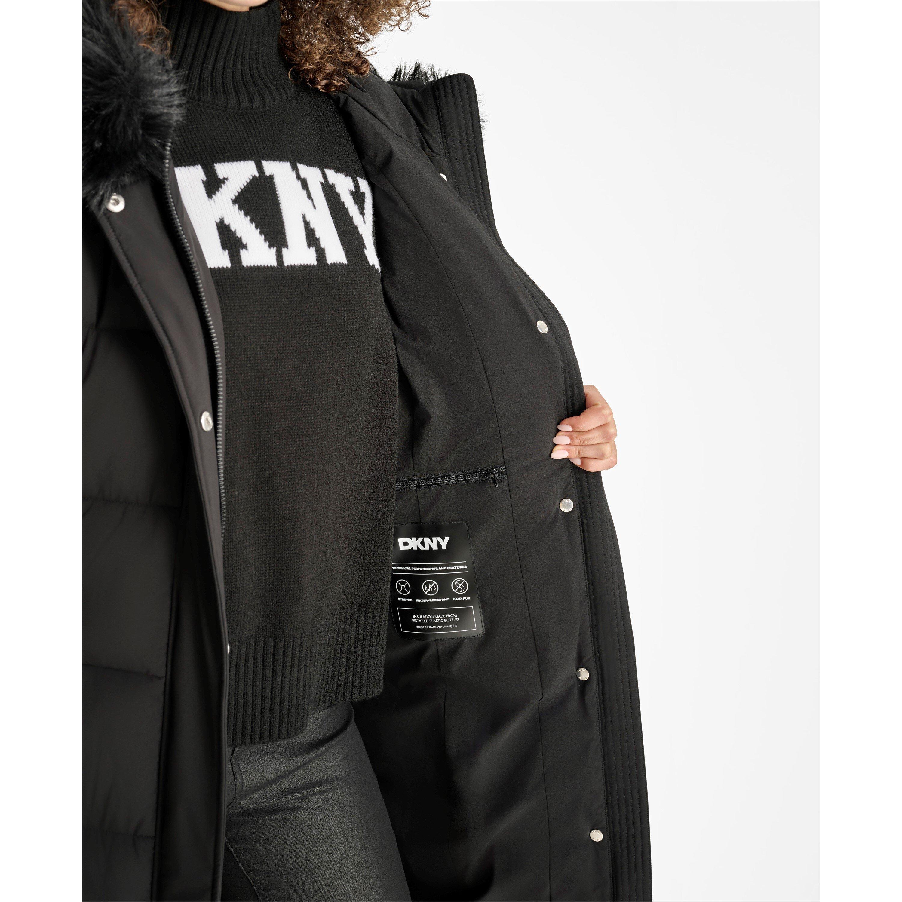 Black - DKNY - Women's Outerwear Fur Hood Long Puffer Jacket - 5