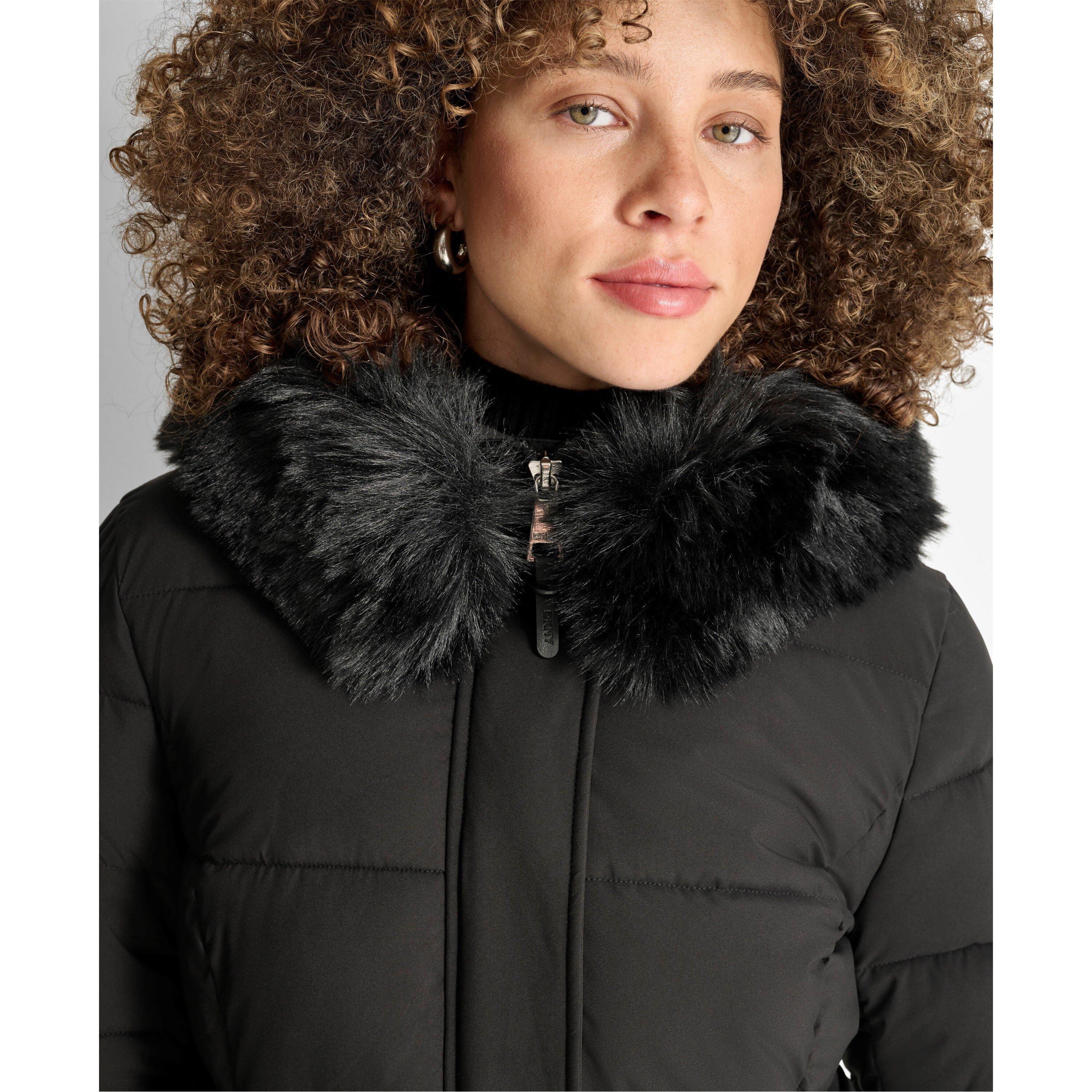 Black - DKNY - Women's Outerwear Fur Hood Long Puffer Jacket - 7