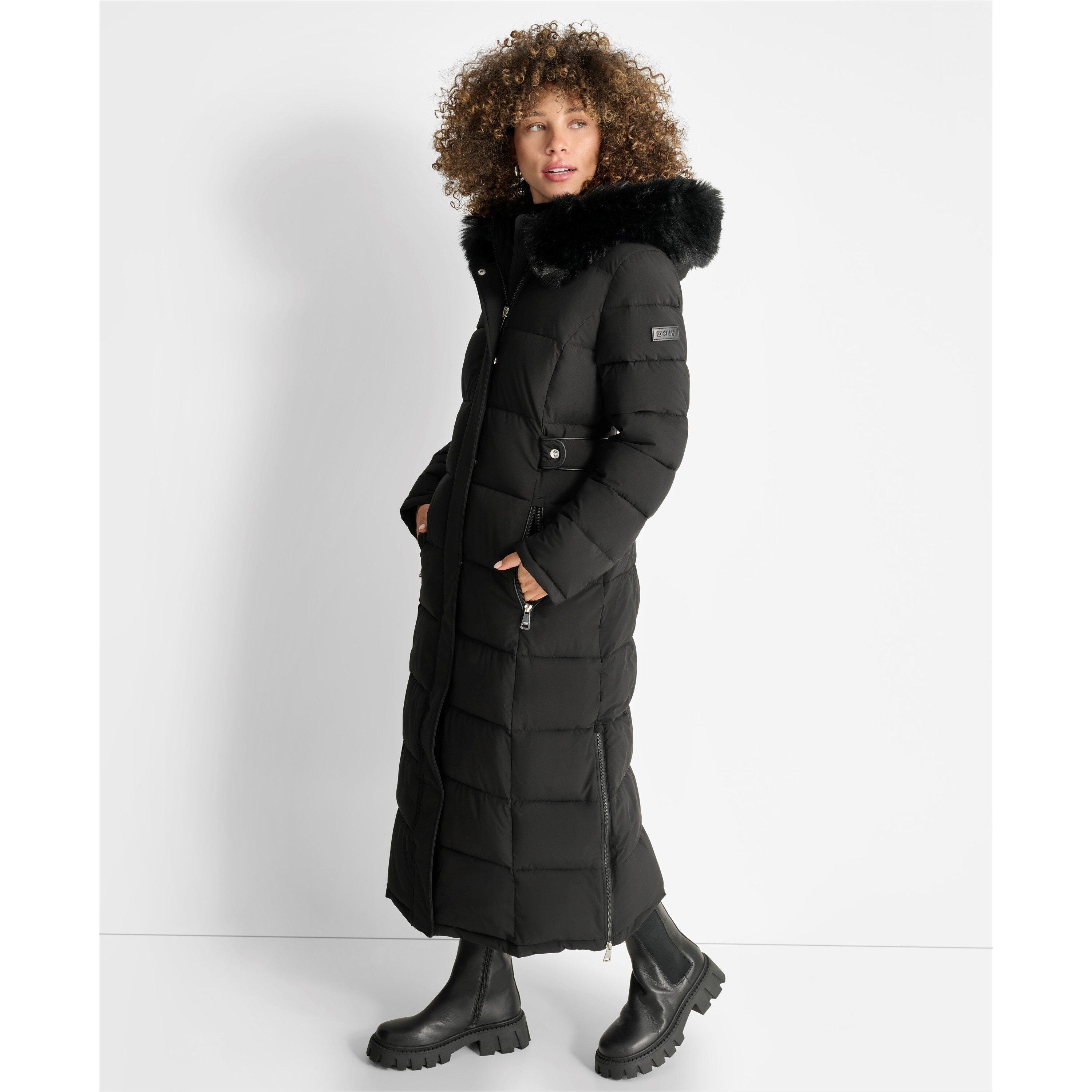 Black - DKNY - Women's Outerwear Fur Hood Long Puffer Jacket - 8