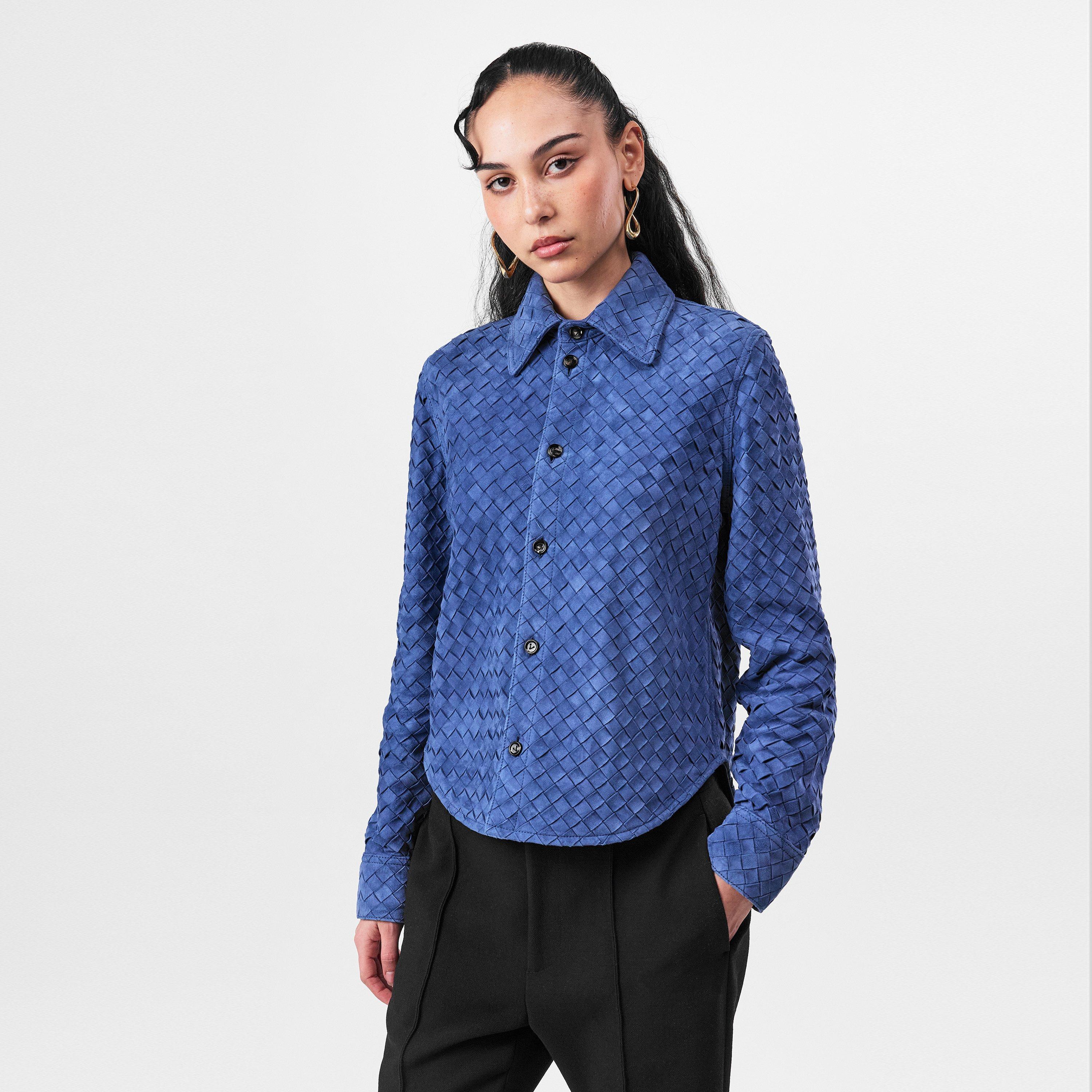 Mid Blue - Bottega Veneta - Women's Suede Intrecciato Long Sleeve Overshirt - 3
