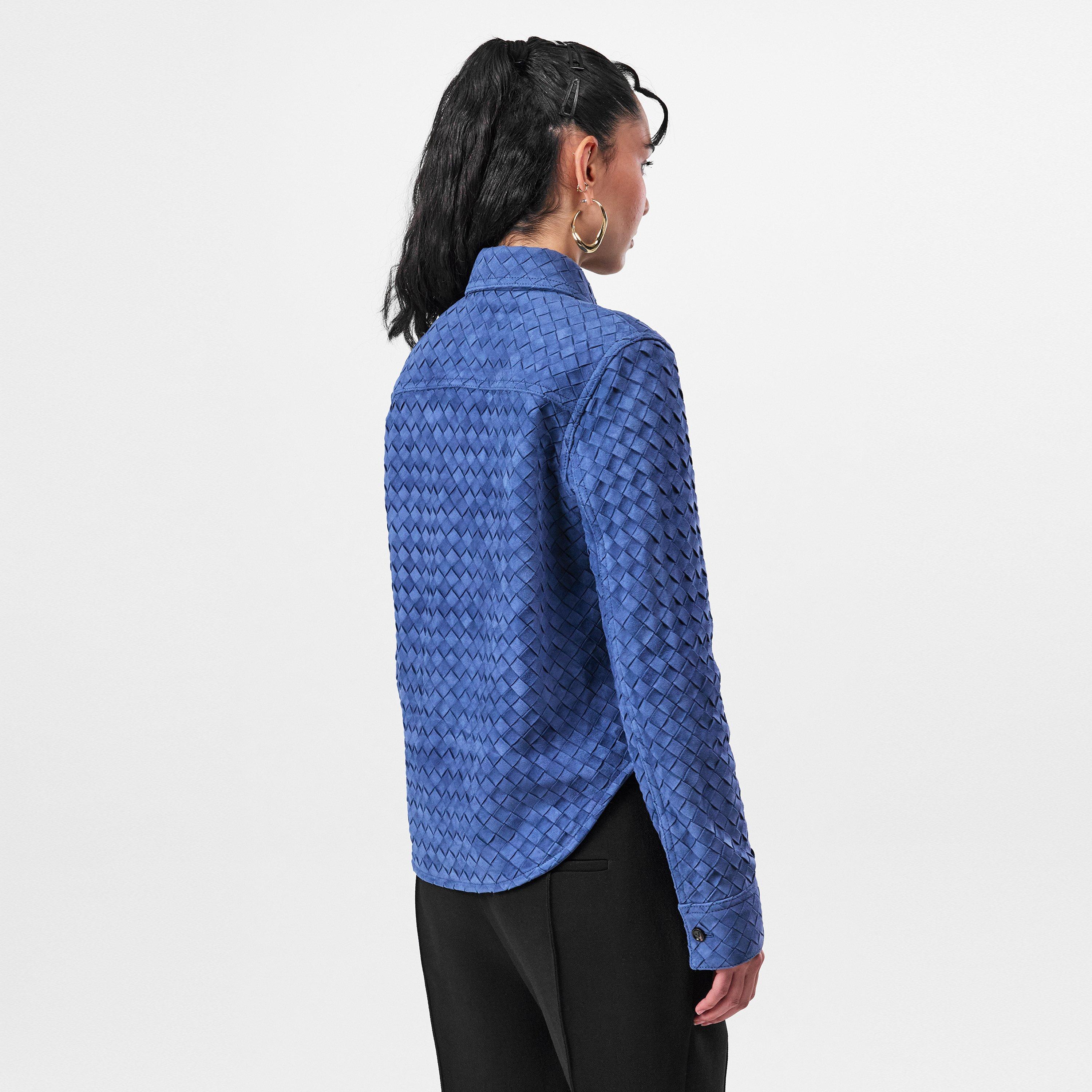 Mid Blue - Bottega Veneta - Women's Suede Intrecciato Long Sleeve Overshirt - 4