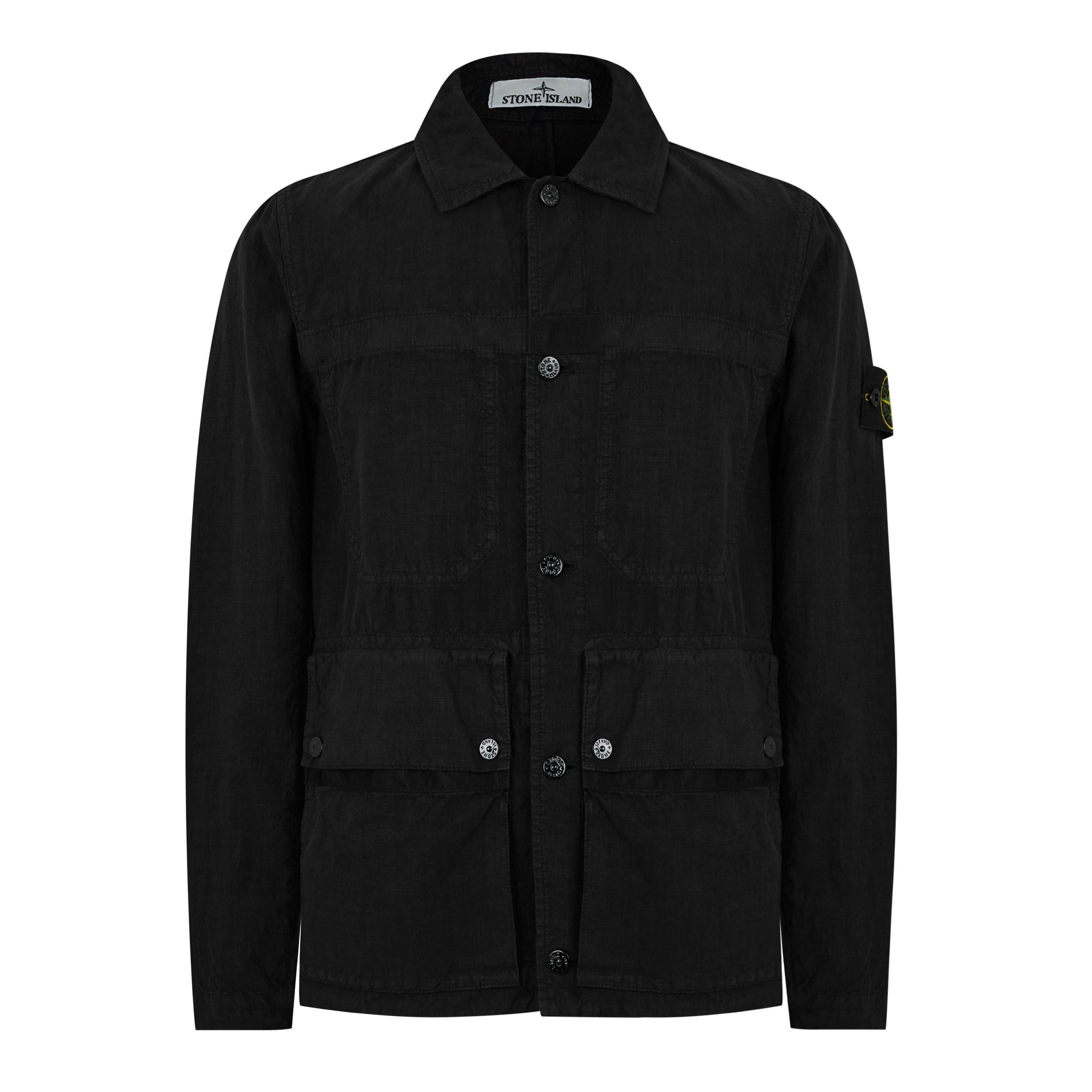 Black V0029 - Stone Island - Men's Crinkle Reps Down Long Sleeve Button Shirt Collar Short Puffer Jacket - 1