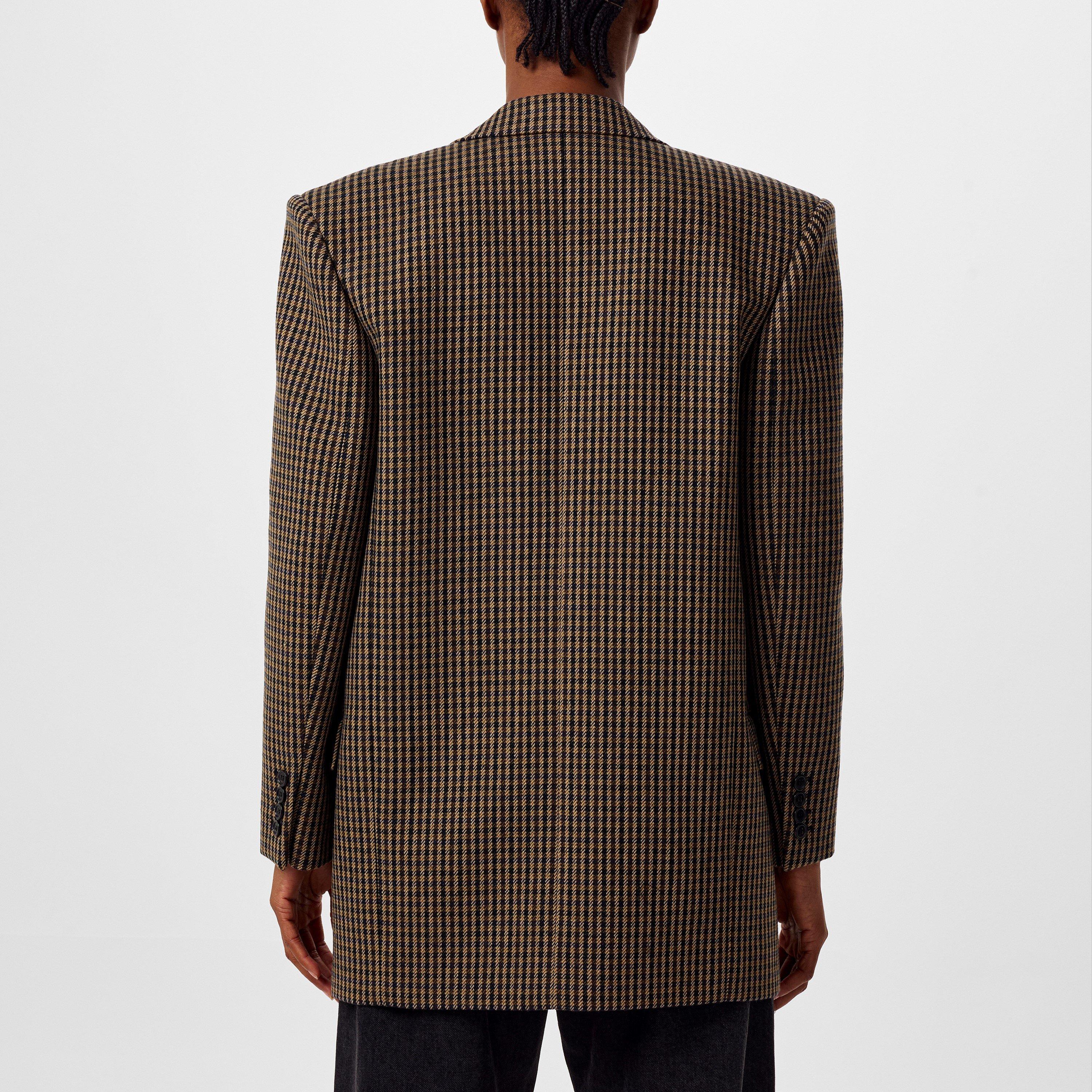 Beige Noir - Saint Laurent - Women's Checked Oversized Wool Long Sleeve Blazer - 3