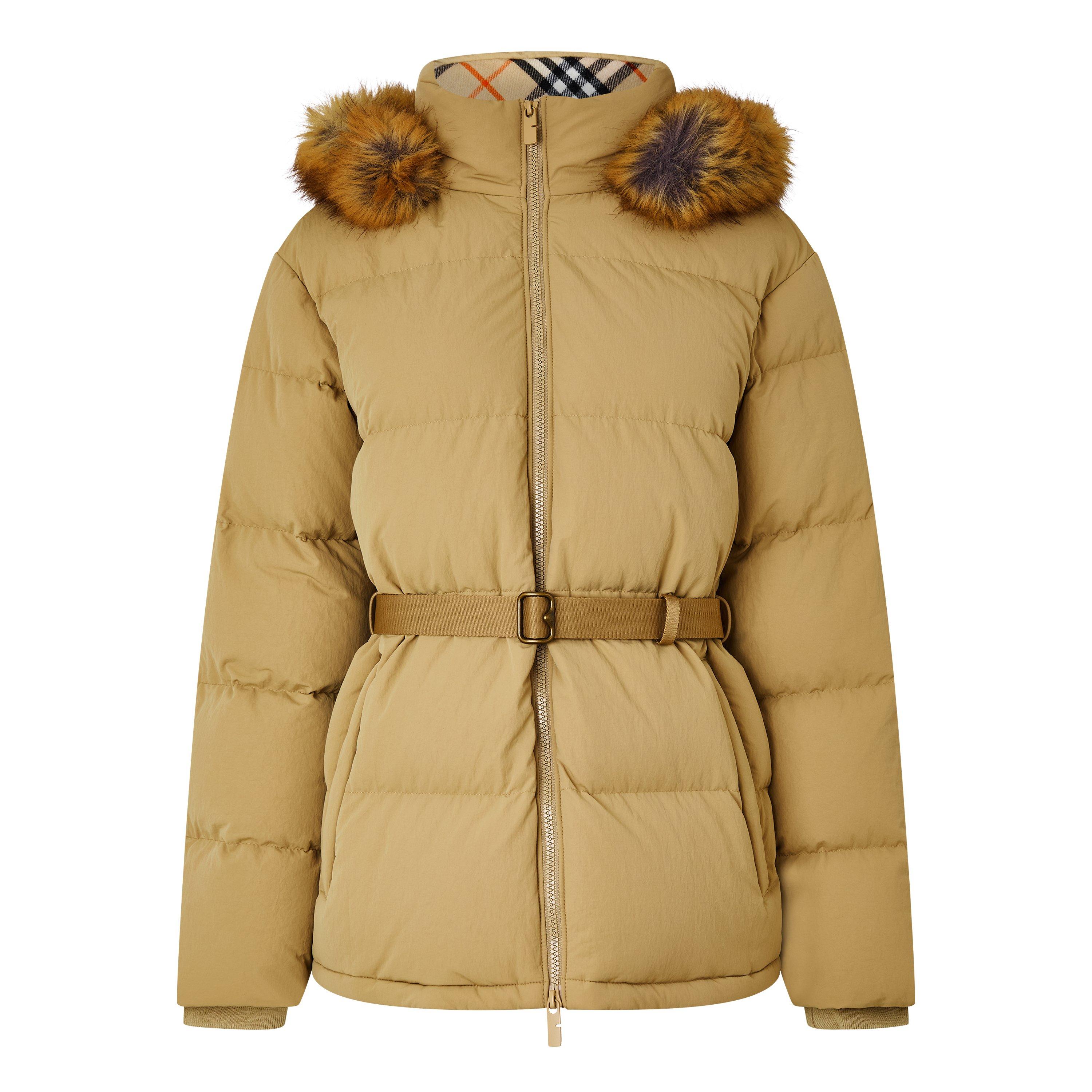 Beige - Burberry - Women's Water-Repellent Detachable Hood Faux-Fur Trim Short Puffer Jacket - 5