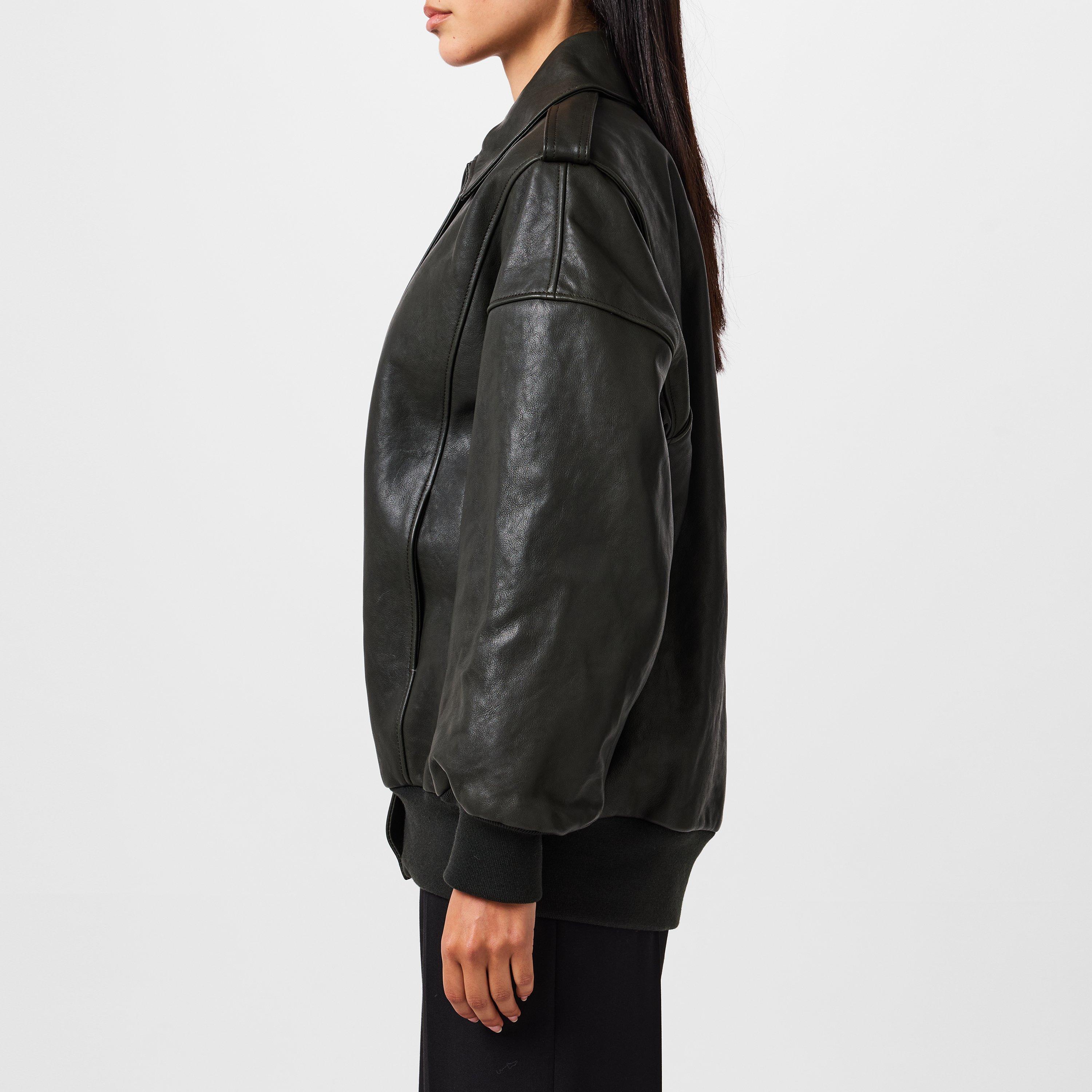 GREEN - Alexander McQueen - Women's Aviator Bomber Leather Long Sleeve Oversized Fit Jacket - 2