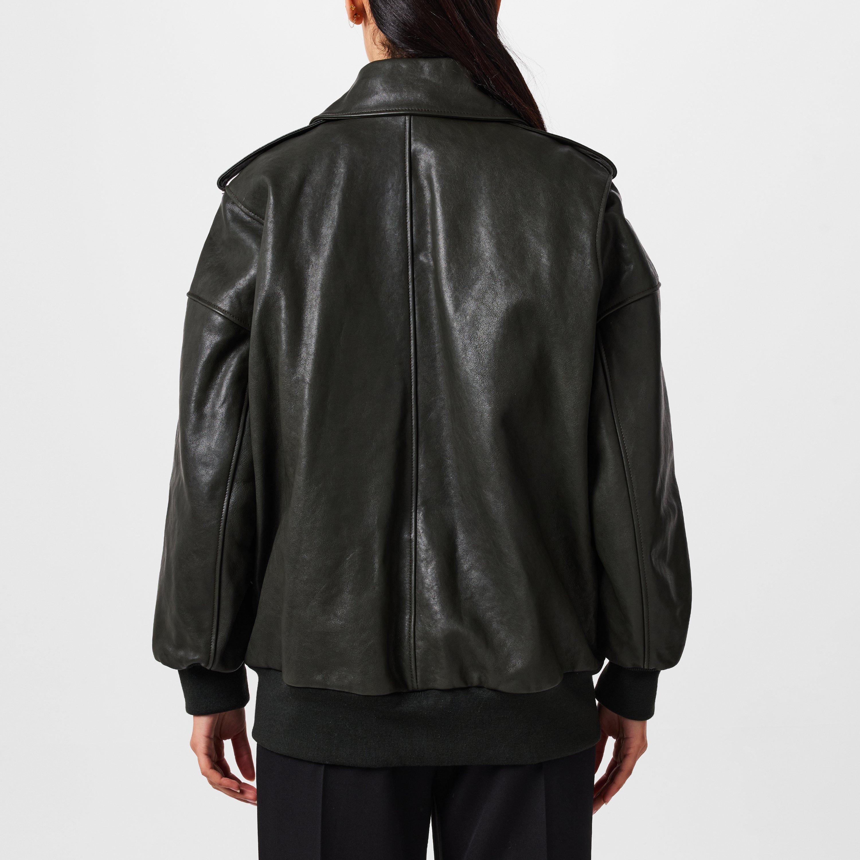 GREEN - Alexander McQueen - Women's Aviator Bomber Leather Long Sleeve Oversized Fit Jacket - 3
