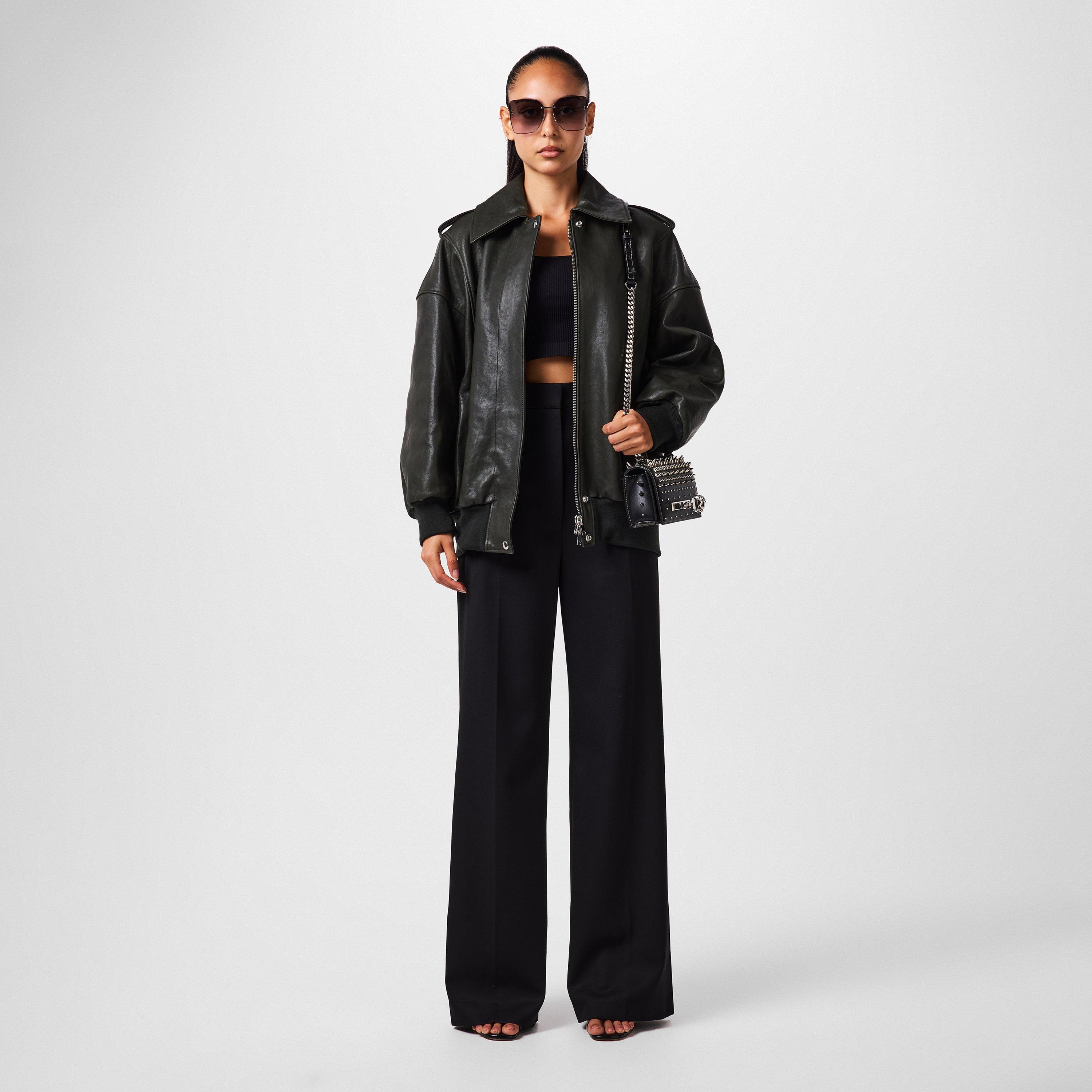 GREEN - Alexander McQueen - Women's Aviator Bomber Leather Long Sleeve Oversized Fit Jacket - 4