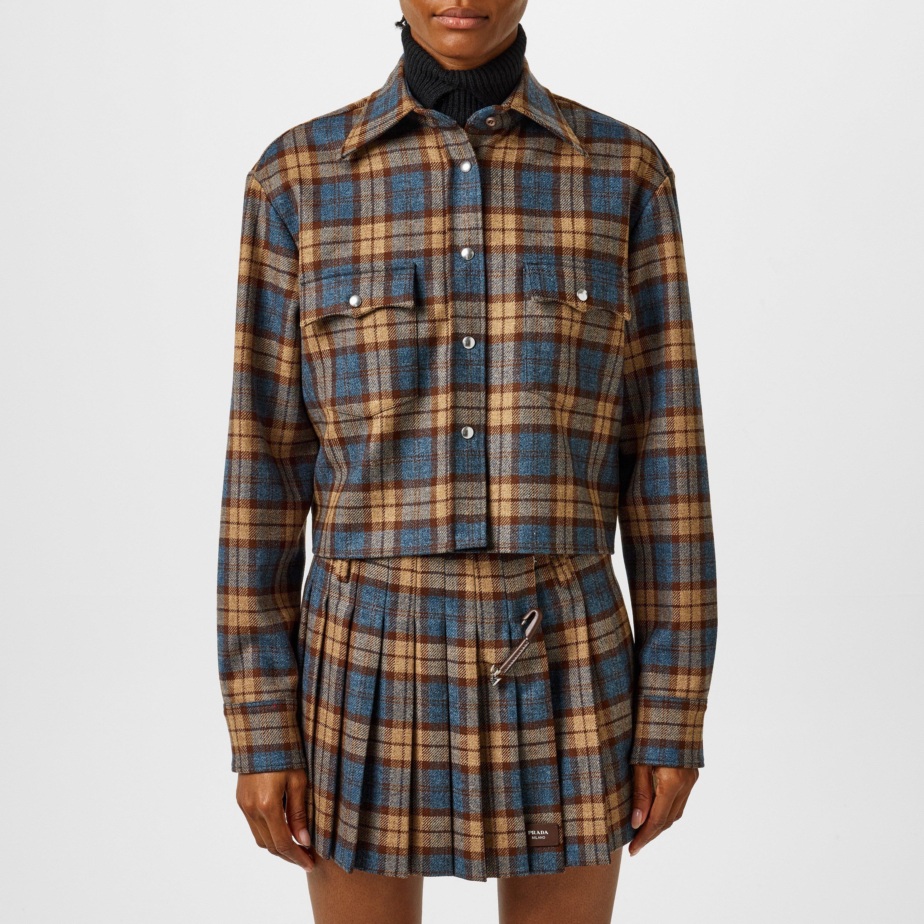 TABACCO - Prada - Women's Wool Check Print Long Sleeve Cropped Overshirt - 3