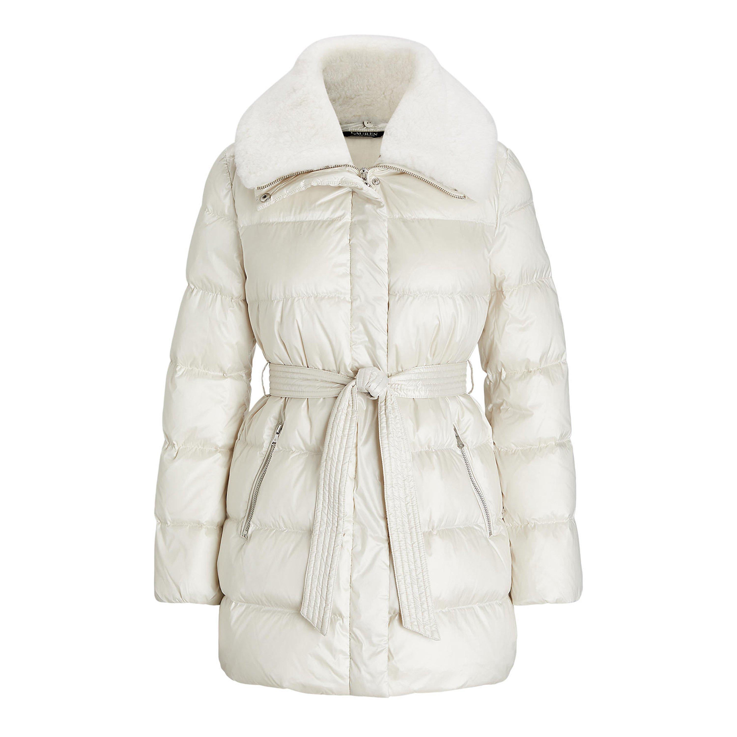 Cream - Lauren by Ralph Lauren - Women's Faux Shearling Trim Belted Wind Resistant Duck Down Short Puffer Jacket - 1