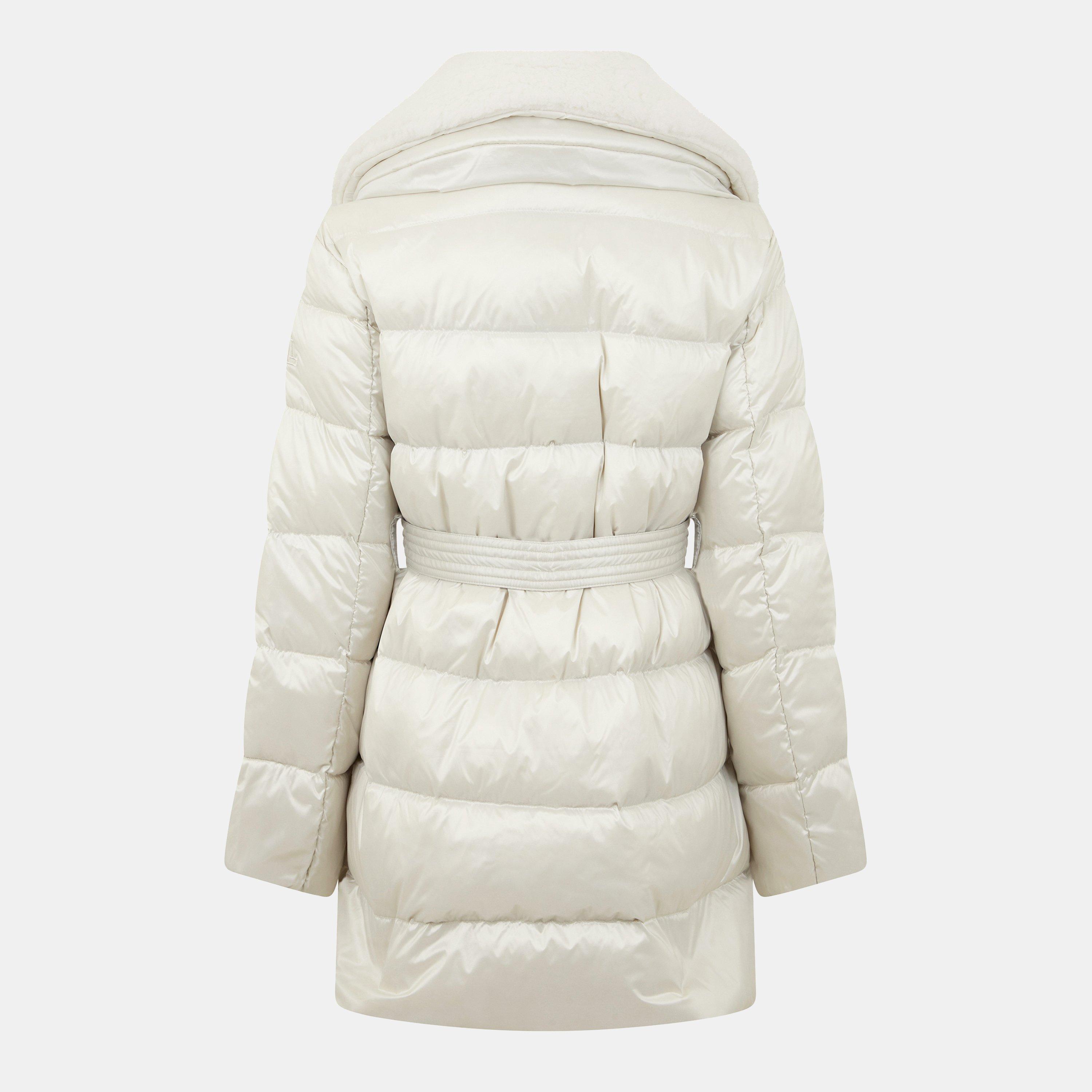 Cream - Lauren by Ralph Lauren - Women's Faux Shearling Trim Belted Wind Resistant Duck Down Short Puffer Jacket - 2