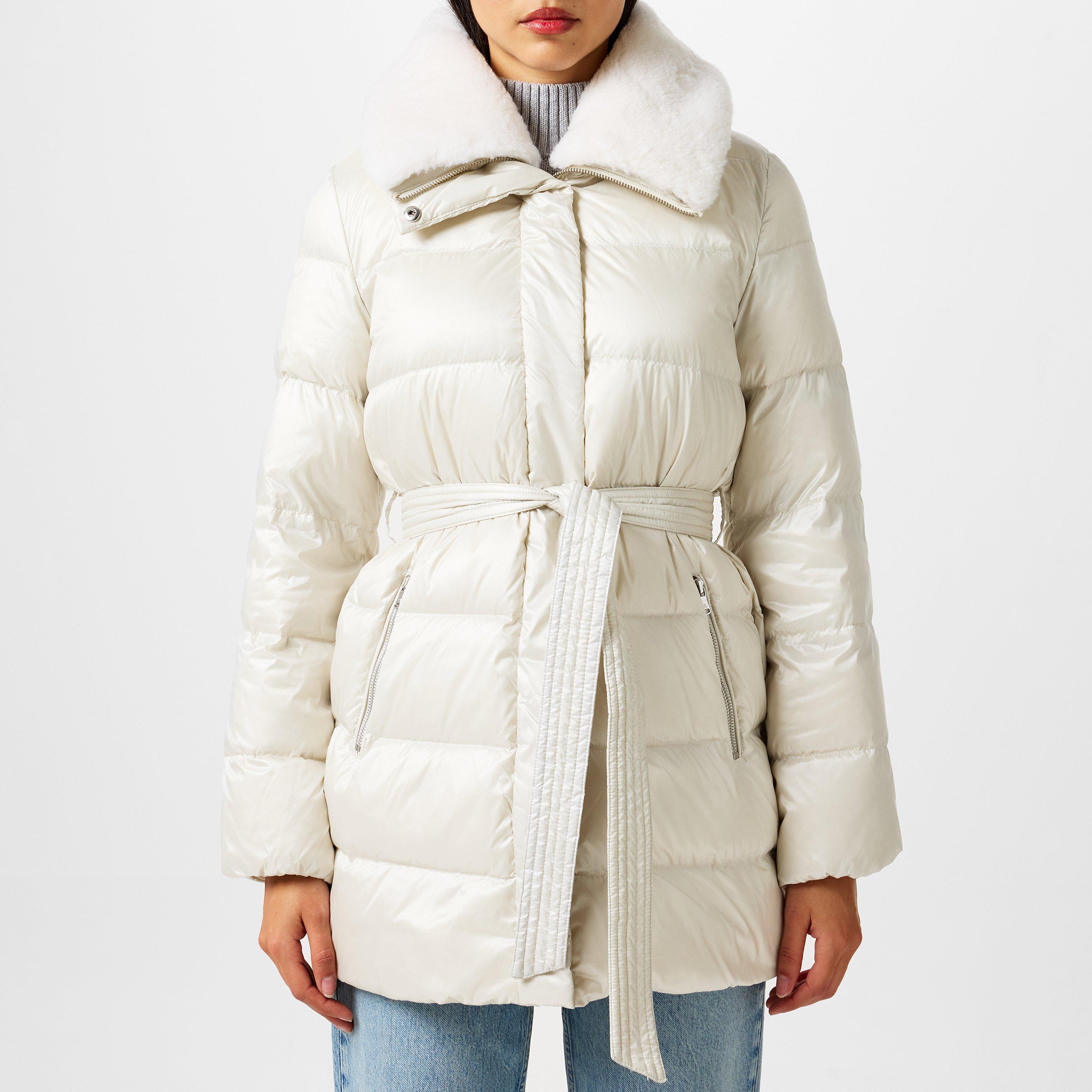 Cream - Lauren by Ralph Lauren - Women's Faux Shearling Trim Belted Wind Resistant Duck Down Short Puffer Jacket - 3