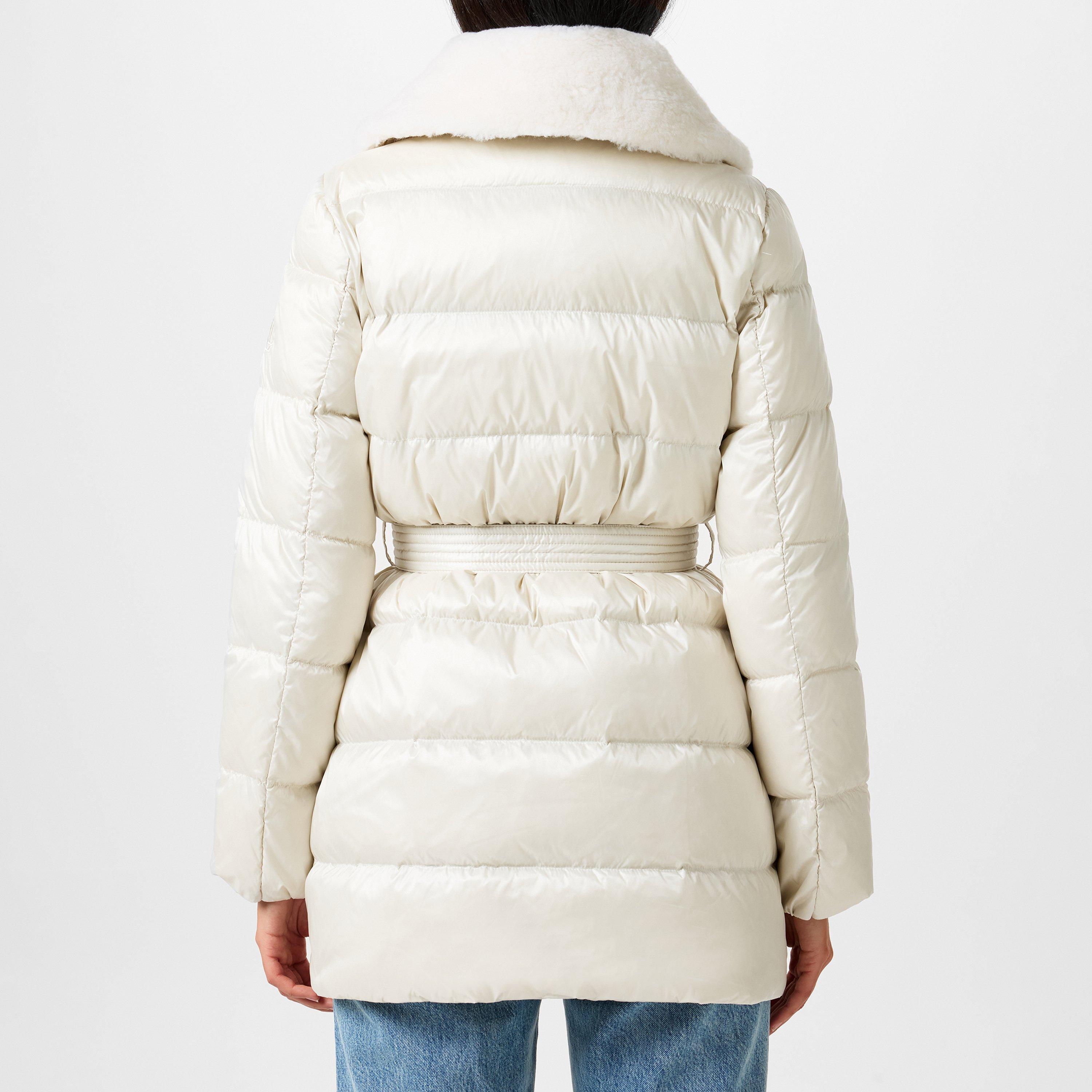 Cream - Lauren by Ralph Lauren - Women's Faux Shearling Trim Belted Wind Resistant Duck Down Short Puffer Jacket - 4