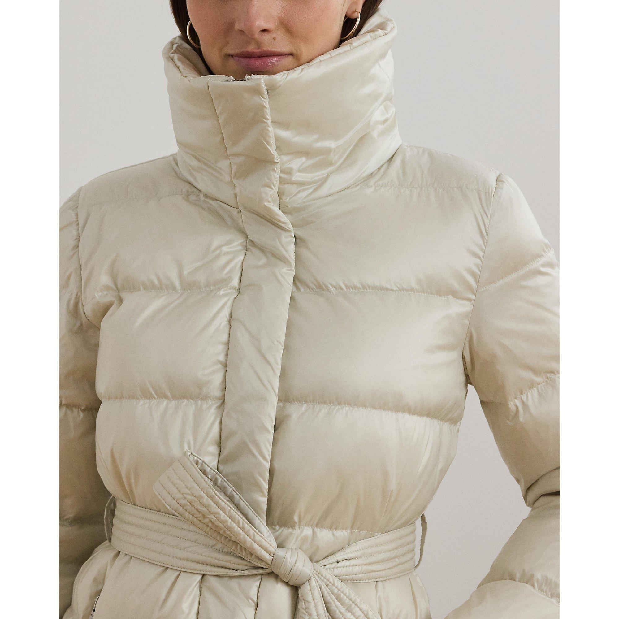Cream - Lauren by Ralph Lauren - Women's Faux Shearling Trim Belted Wind Resistant Duck Down Short Puffer Jacket - 6
