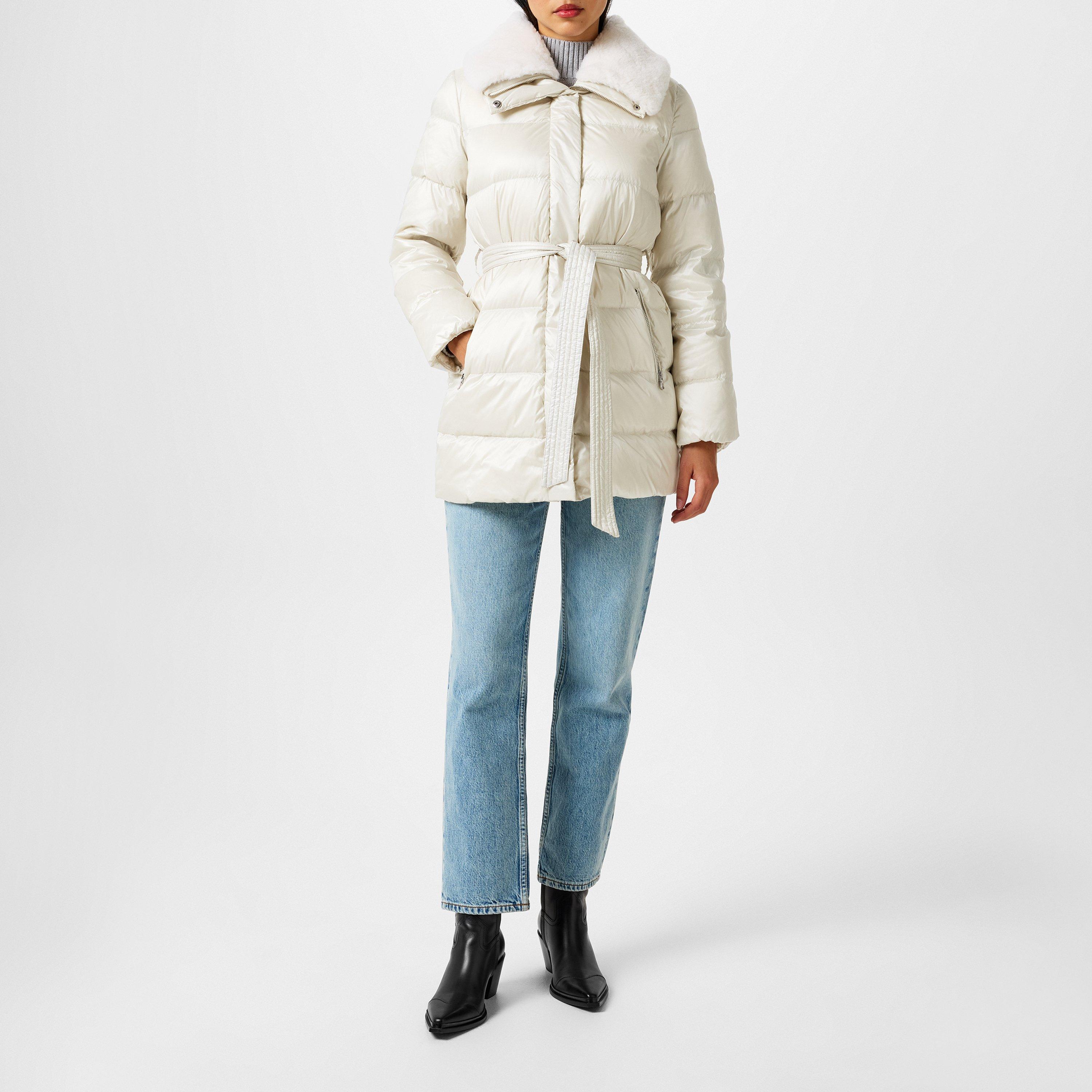 Cream - Lauren by Ralph Lauren - Women's Faux Shearling Trim Belted Wind Resistant Duck Down Short Puffer Jacket - 6