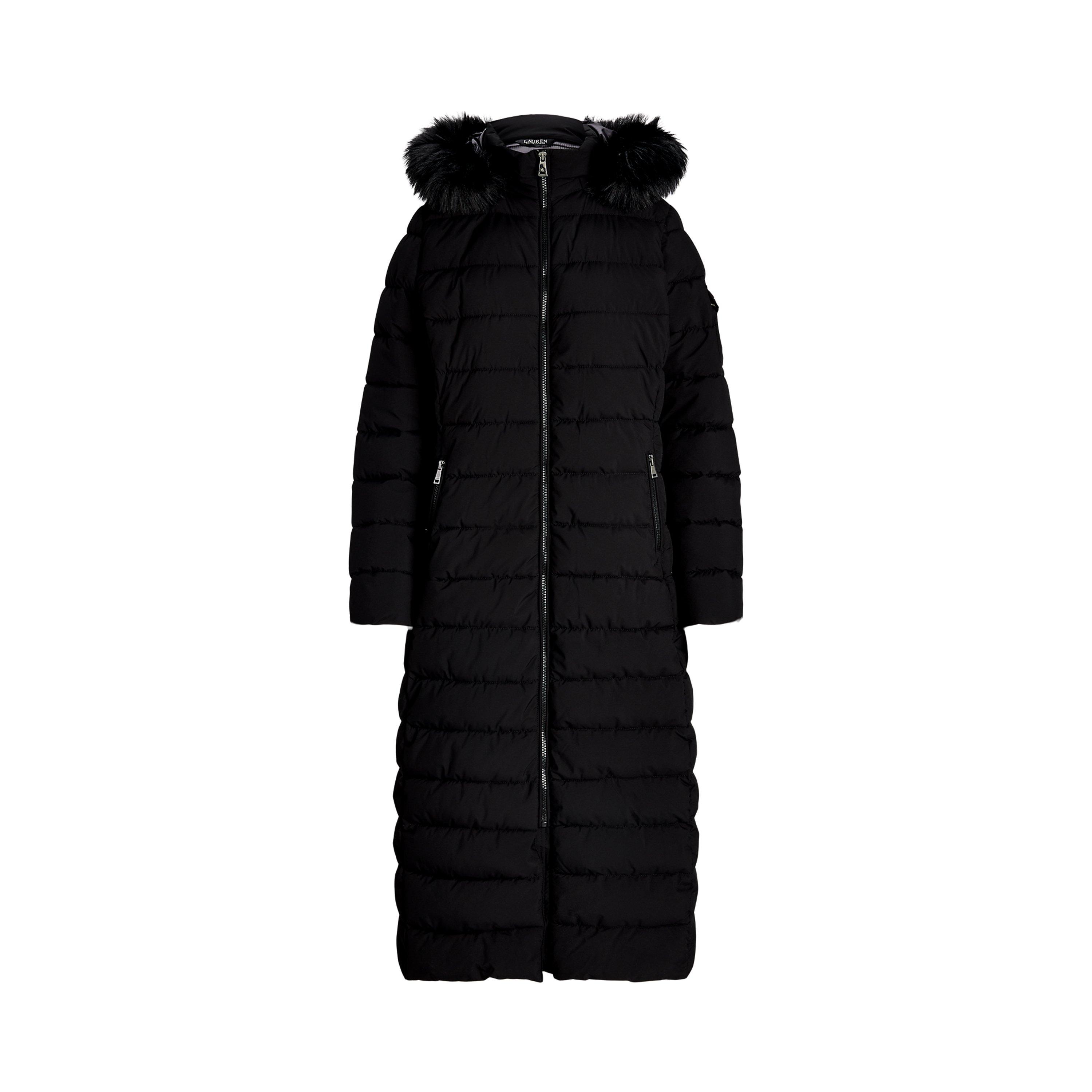 Black - Lauren by Ralph Lauren - Women's  Water Resistant Faux Fur Hood Long Puffer Jacket - 1
