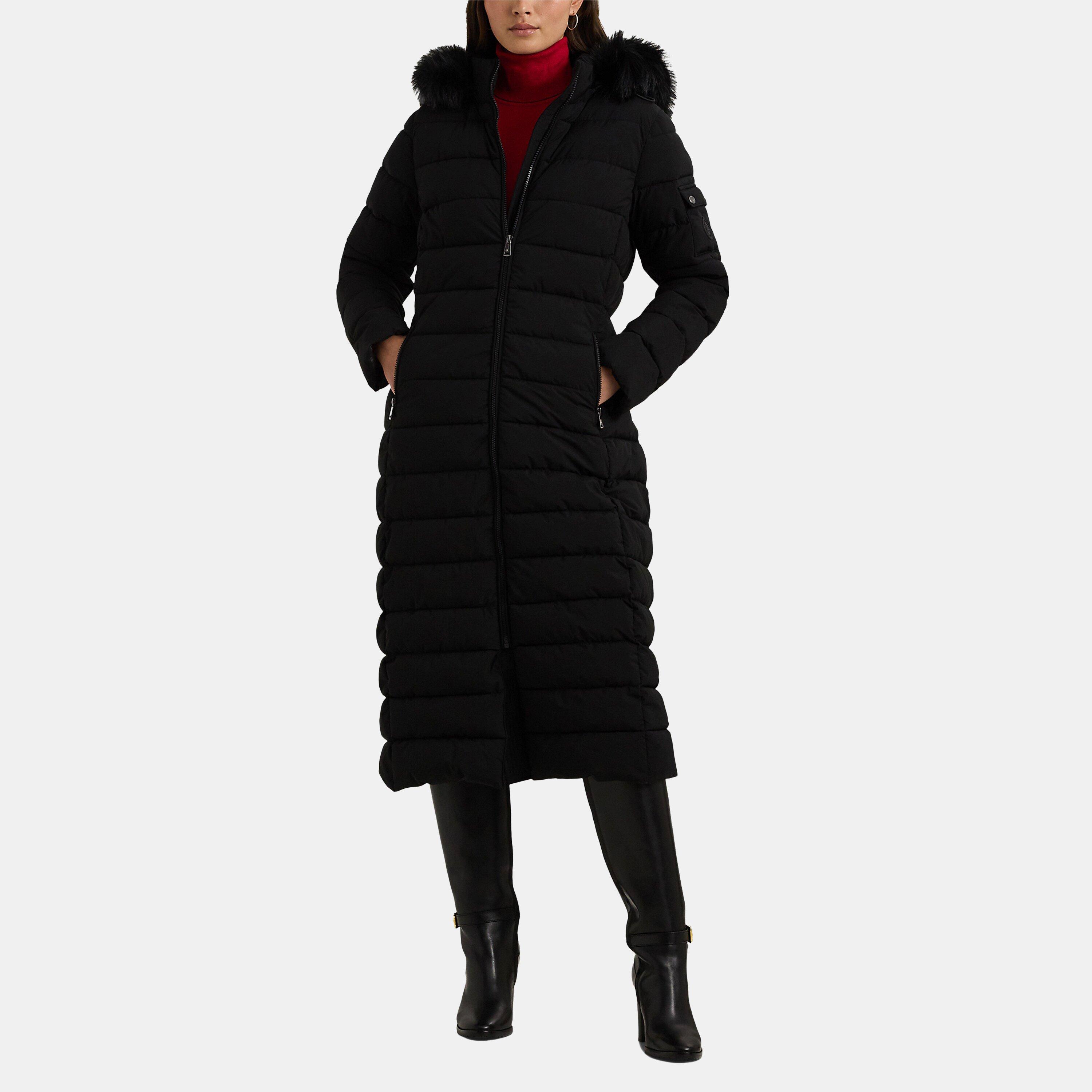 Black - Lauren by Ralph Lauren - Women's  Water Resistant Faux Fur Hood Long Puffer Jacket - 4