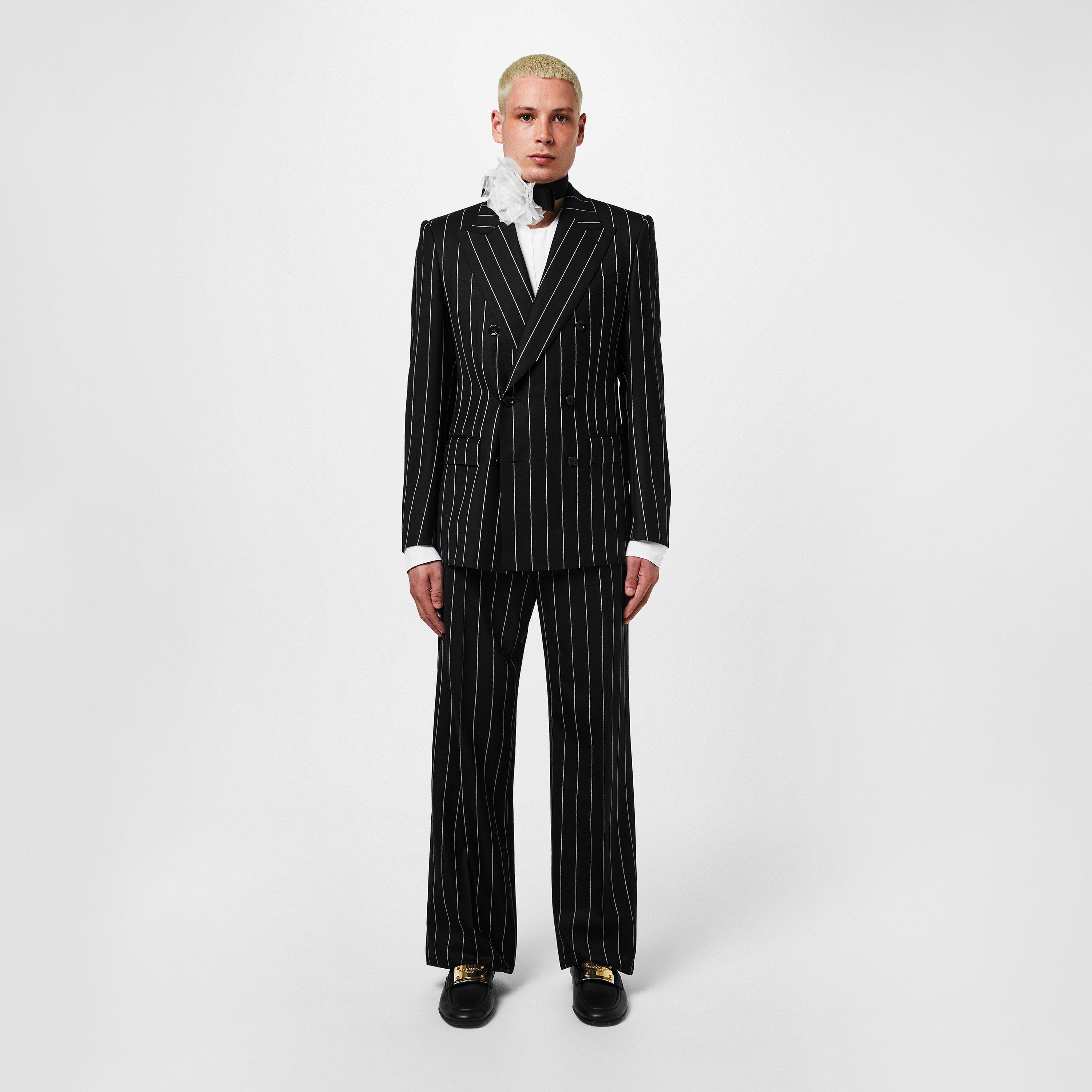 Cream - Dolce and Gabbana - Men's Double-Breasted Pinstripe Wool Long Sleeve Slim Fit Blazer - 4