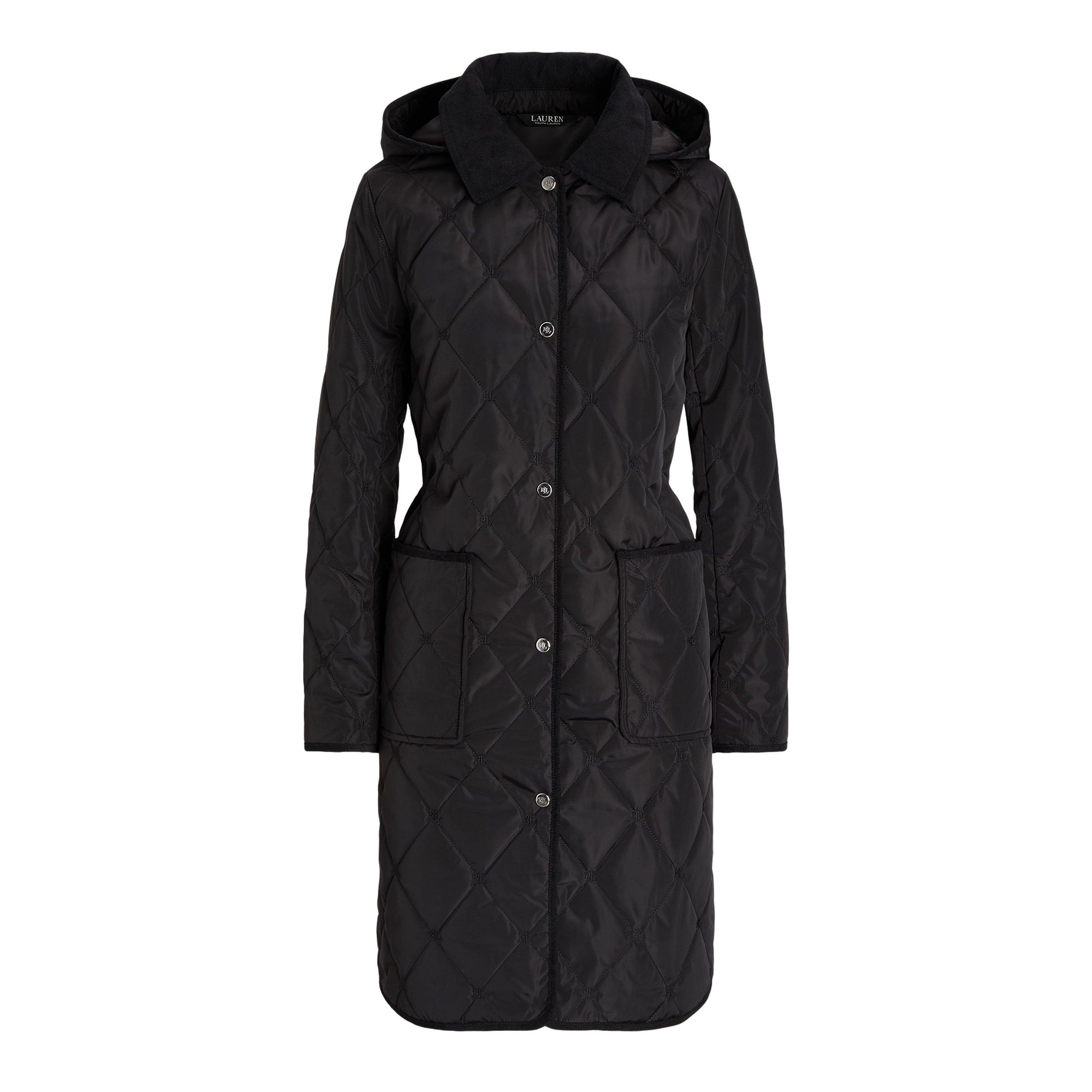 Black - Lauren by Ralph Lauren - Women's Corduroy Trim Quilted Detachable Hood Long Sleeve Short Puffer Jacket - 1