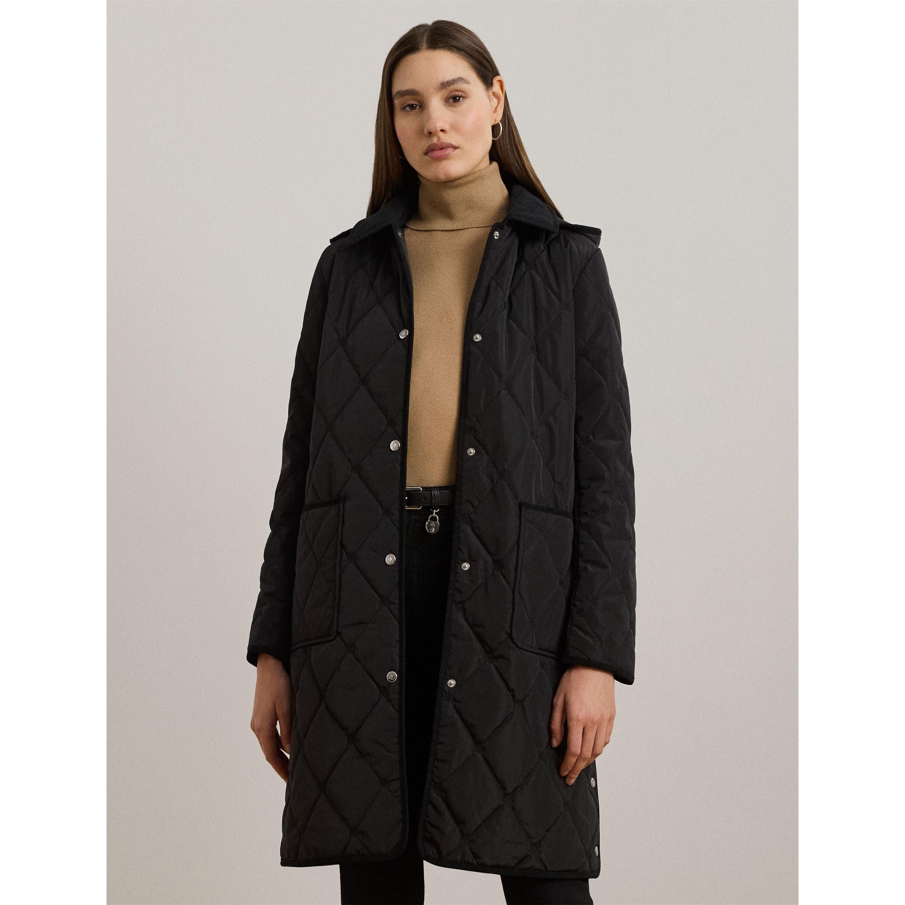 Black - Lauren by Ralph Lauren - Women's Corduroy Trim Quilted Detachable Hood Long Sleeve Short Puffer Jacket - 2