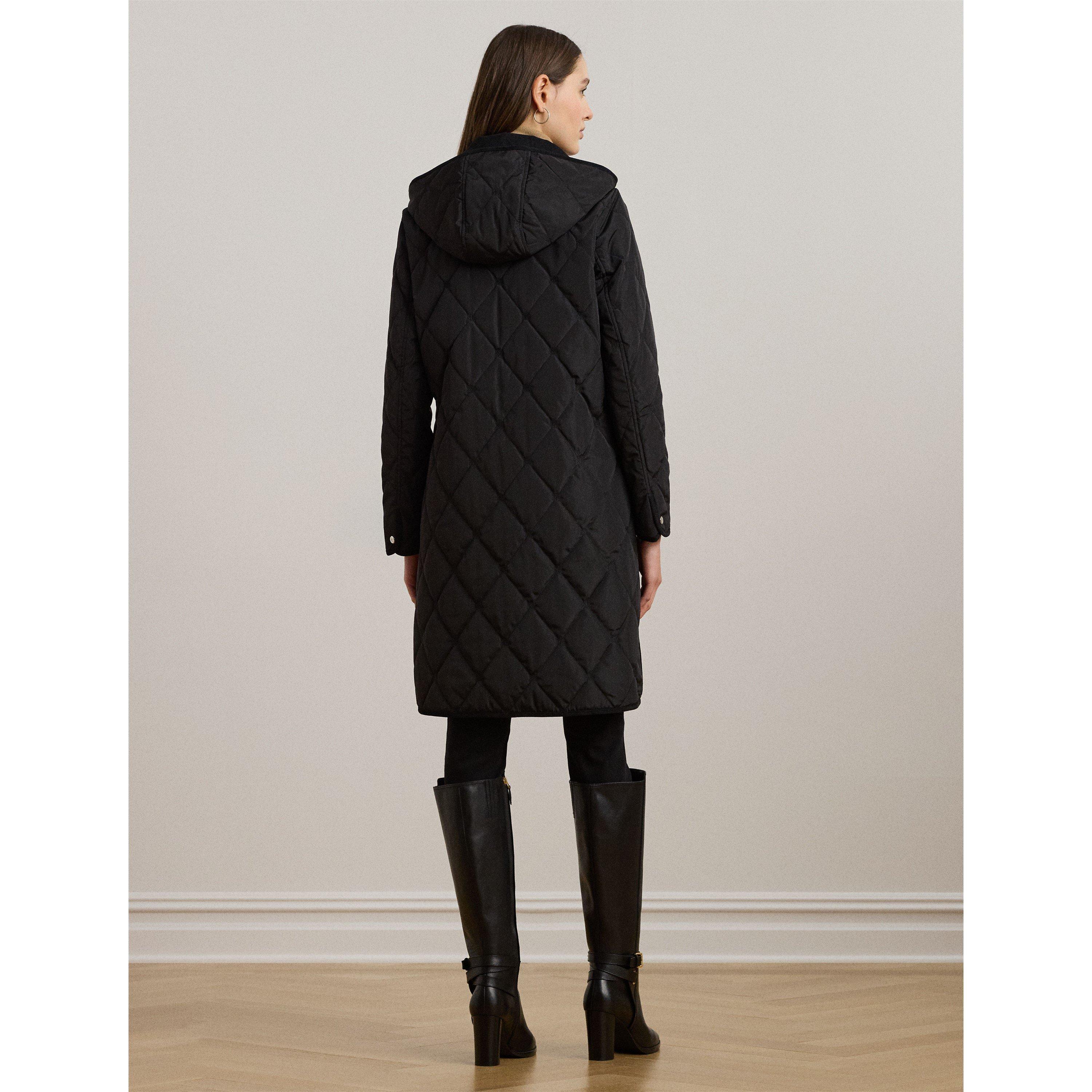 Black - Lauren by Ralph Lauren - Women's Corduroy Trim Quilted Detachable Hood Long Sleeve Short Puffer Jacket - 3