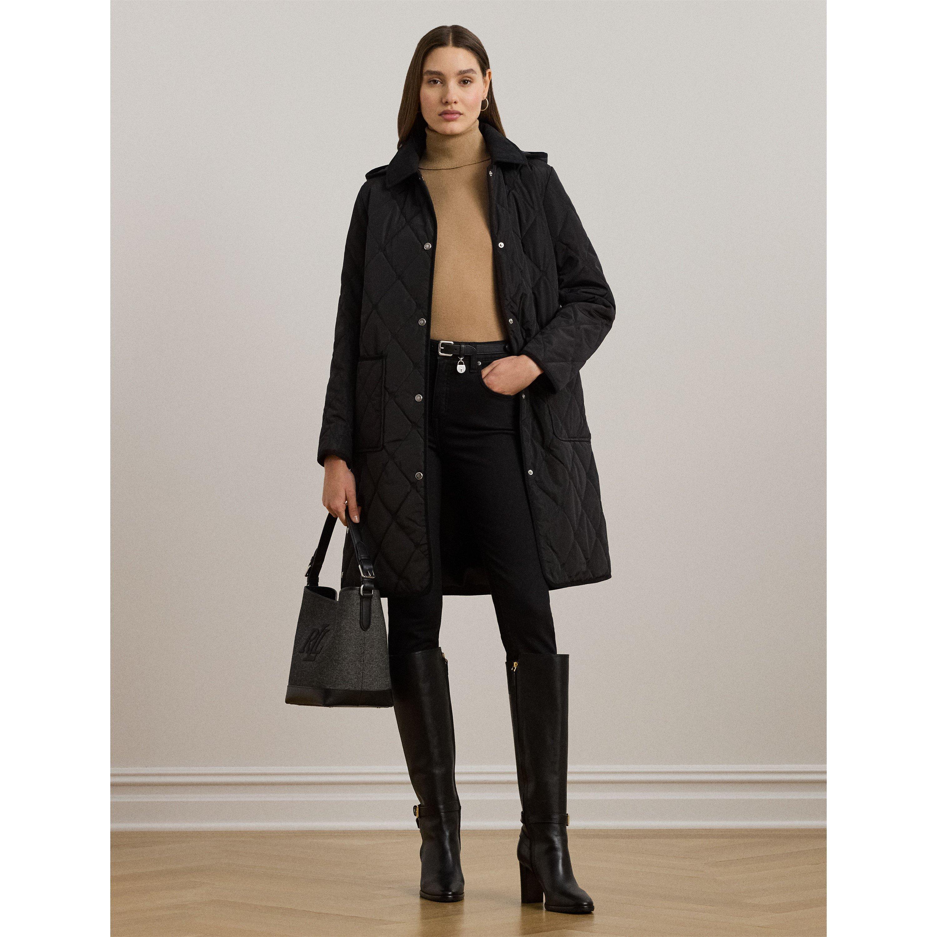 Black - Lauren by Ralph Lauren - Women's Corduroy Trim Quilted Detachable Hood Long Sleeve Short Puffer Jacket - 5