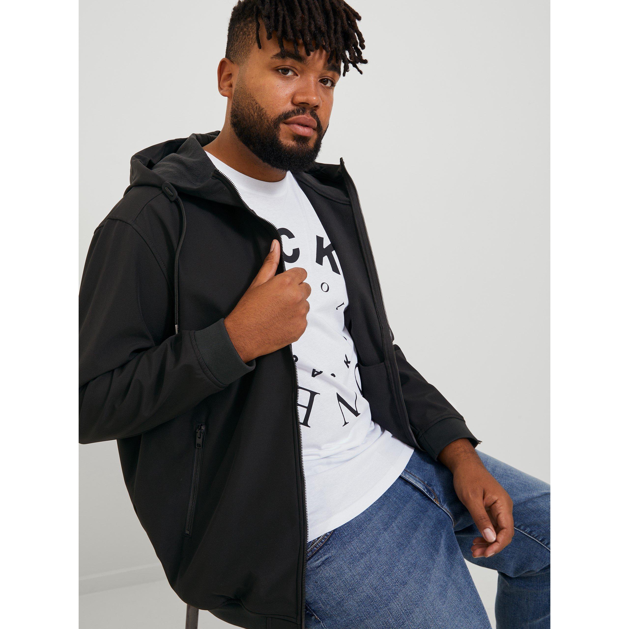 Black - Jack and Jones - Softshell Hooded Jacket Mens Plus Size - 5